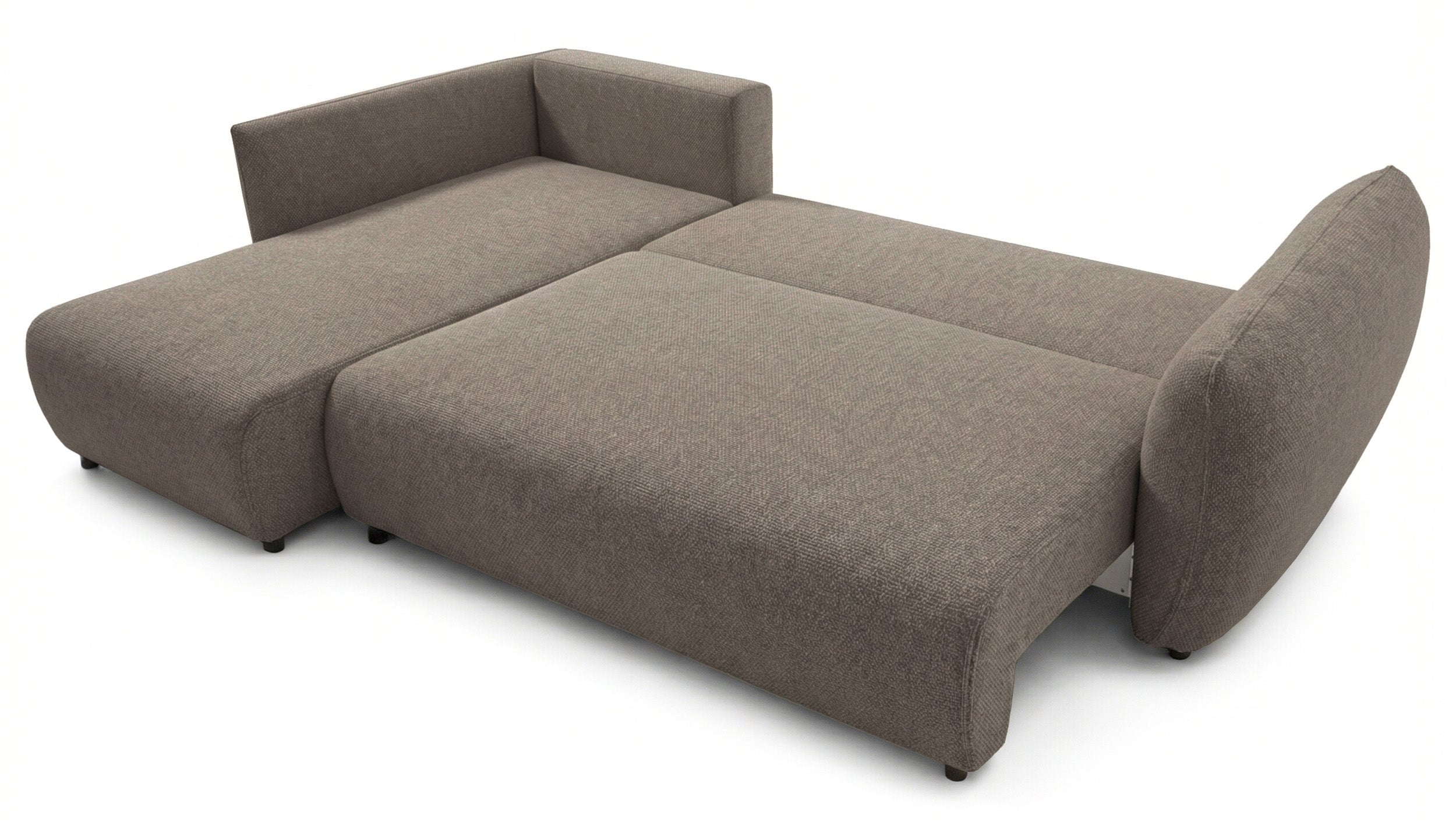 Ecksofa mit Schlaffunktion Zordo, L-förmig, linksseitig, mit zwei Stauraumfächern, hellbrauner Chenille-Stoff