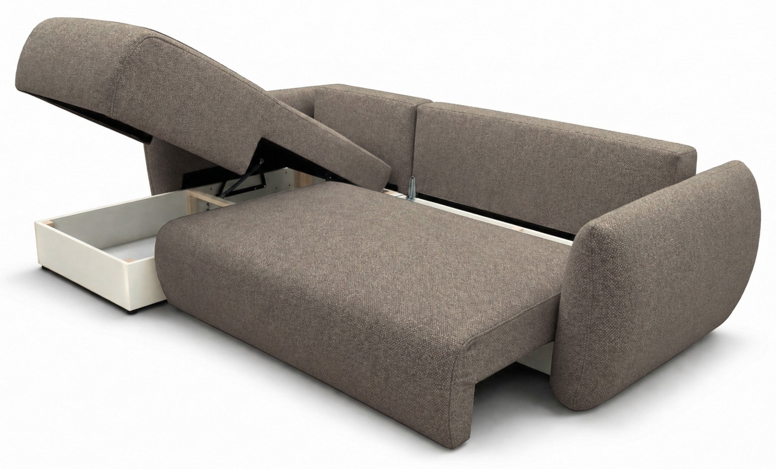 Ecksofa mit Schlaffunktion Zordo, L-förmig, linksseitig, mit zwei Stauraumfächern, hellbrauner Chenille-Stoff