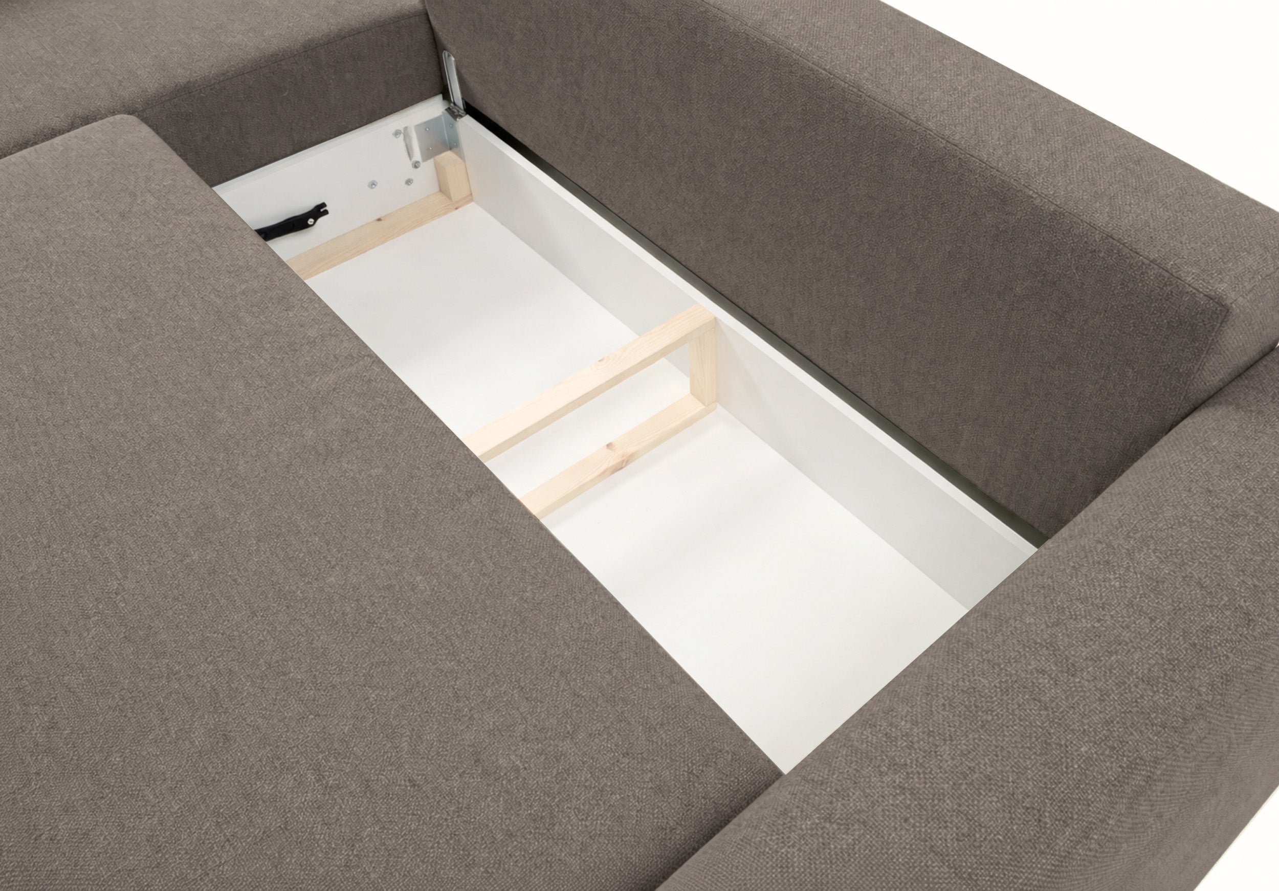Ecksofa mit Schlaffunktion Zordo, L-förmig, linksseitig, mit zwei Stauraumfächern, hellbrauner Chenille-Stoff