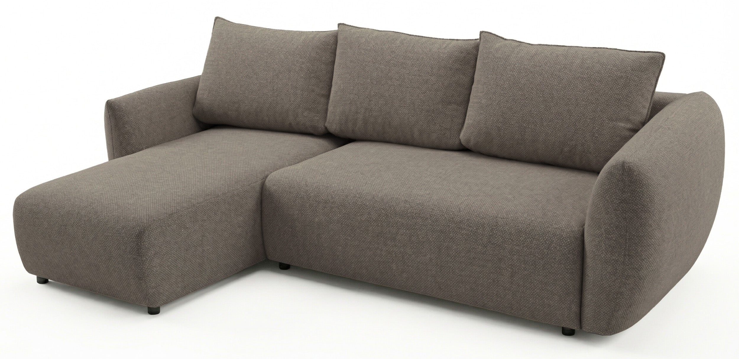 Ecksofa mit Schlaffunktion Zordo, L-förmig, linksseitig, mit zwei Stauraumfächern, hellbrauner Chenille-Stoff