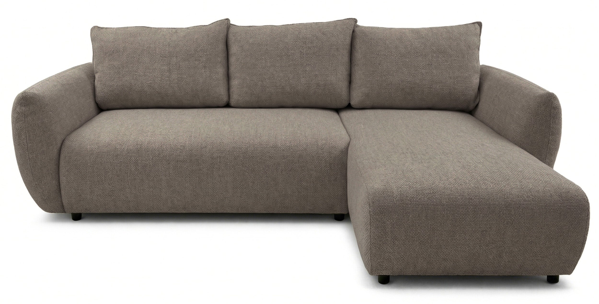 Ecksofa mit Schlaffunktion Zordo, L-förmig, rechtsseitig, mit zwei Stauraumfächern, hellbrauner Chenille-Stoff