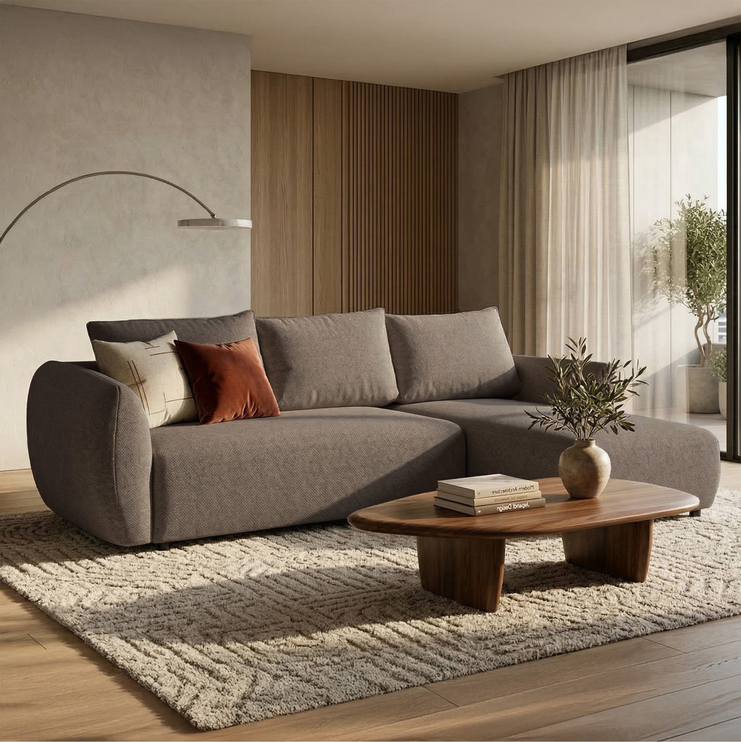 Ecksofa mit Schlaffunktion Zordo, L-förmig, rechtsseitig, mit zwei Stauraumfächern, hellbrauner Chenille-Stoff