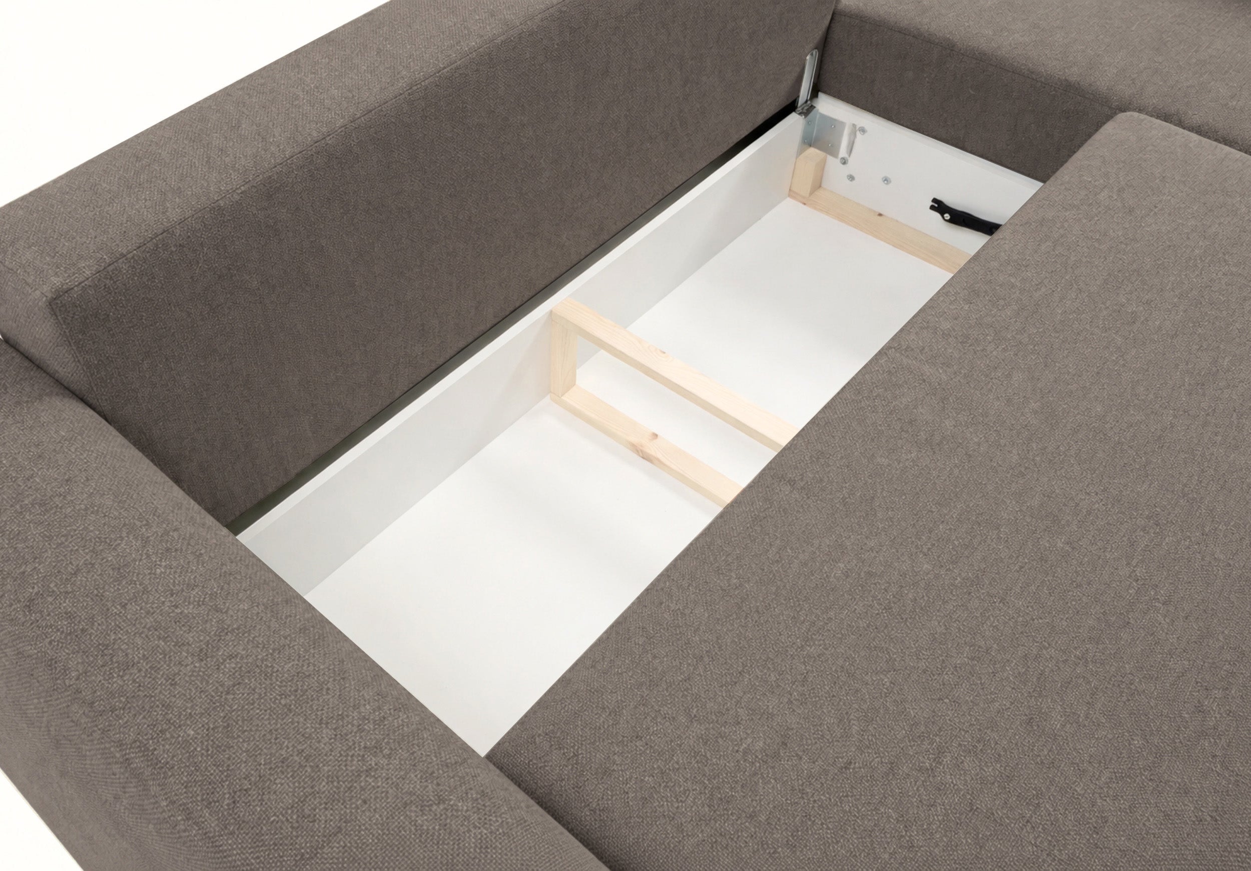 Ecksofa mit Schlaffunktion Zordo, L-förmig, rechtsseitig, mit zwei Stauraumfächern, hellbrauner Chenille-Stoff