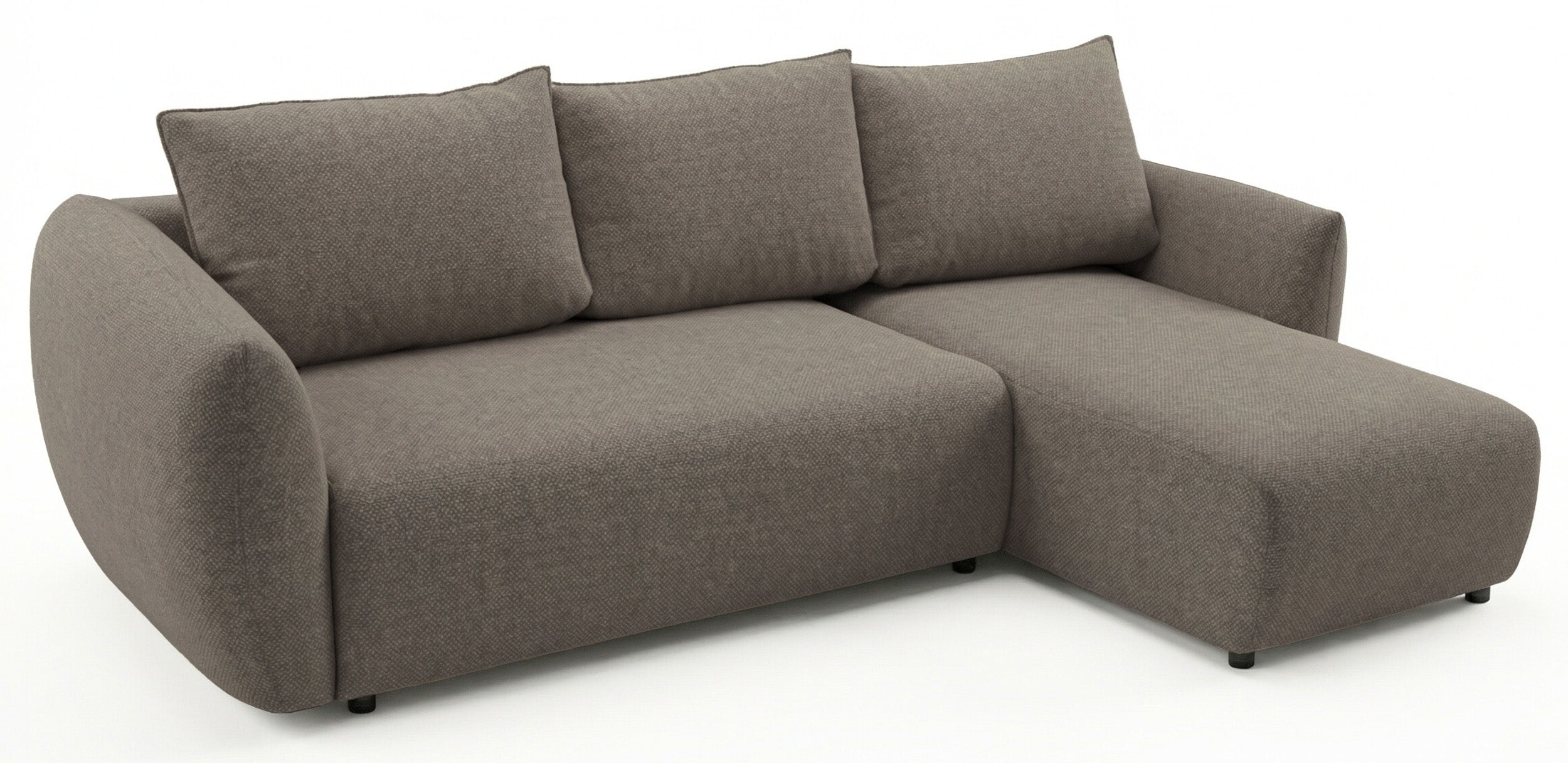 Ecksofa mit Schlaffunktion Zordo, L-förmig, rechtsseitig, mit zwei Stauraumfächern, hellbrauner Chenille-Stoff