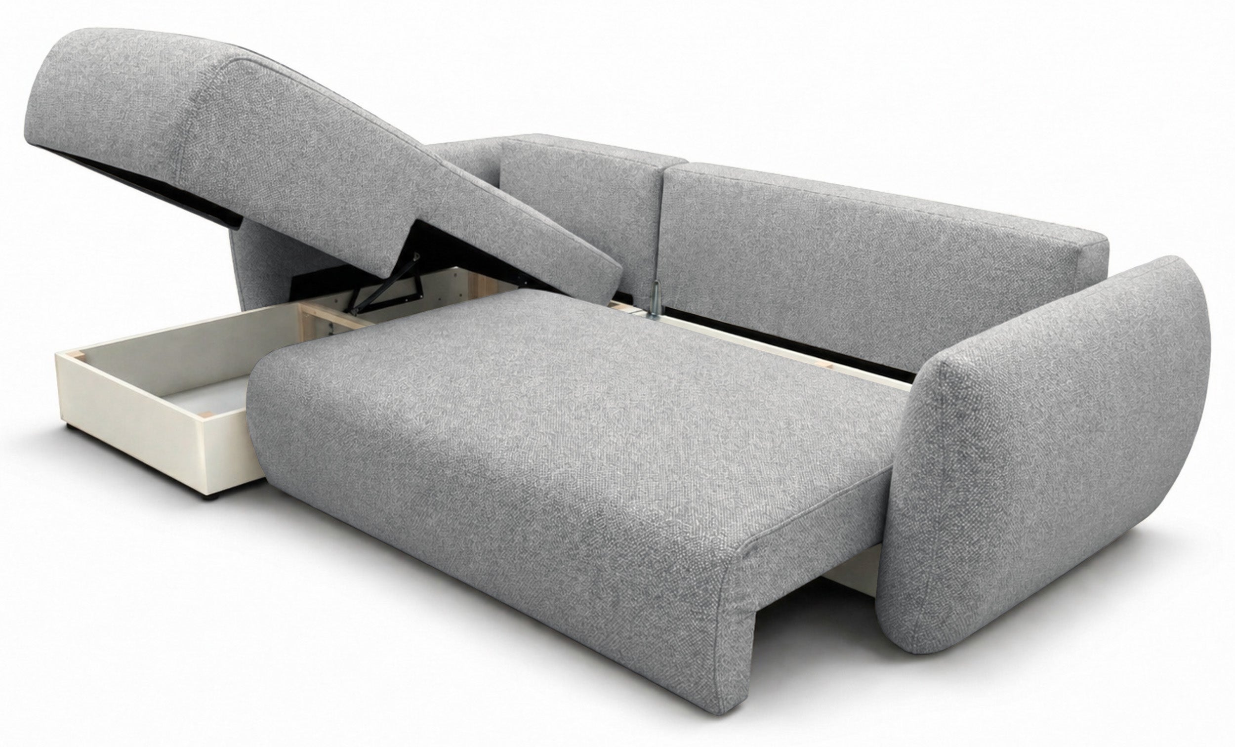 Ecksofa mit Schlaffunktion Zordo, L-förmig, linksseitig, mit zwei Stauraumfächern, grauer Chenille-Stoff