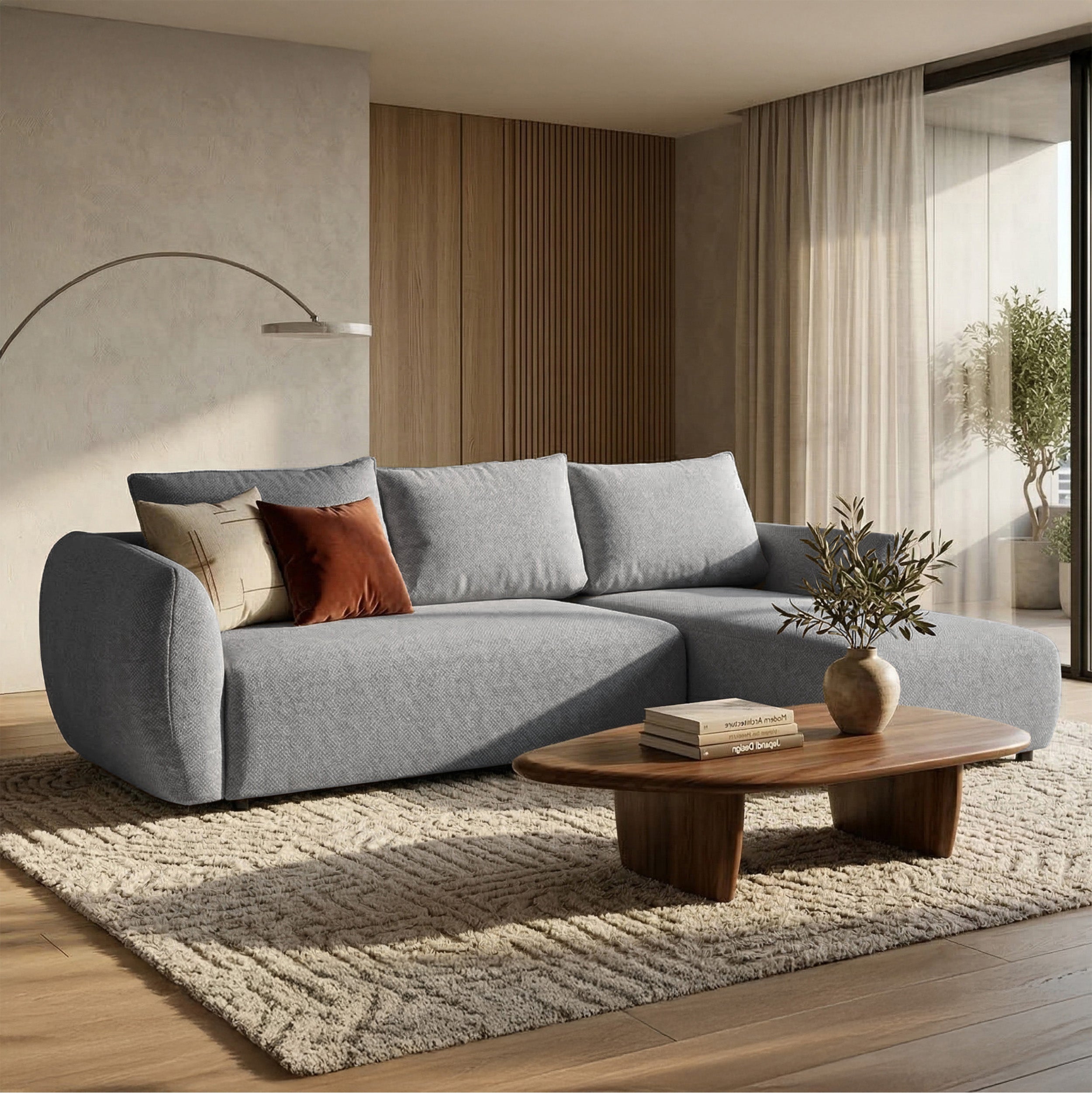 Ecksofa mit Schlafunktion Zordo, L-förmig, rechtsseitig, mit zwei Stauraumfächern, grauer Chenille-Stoff
