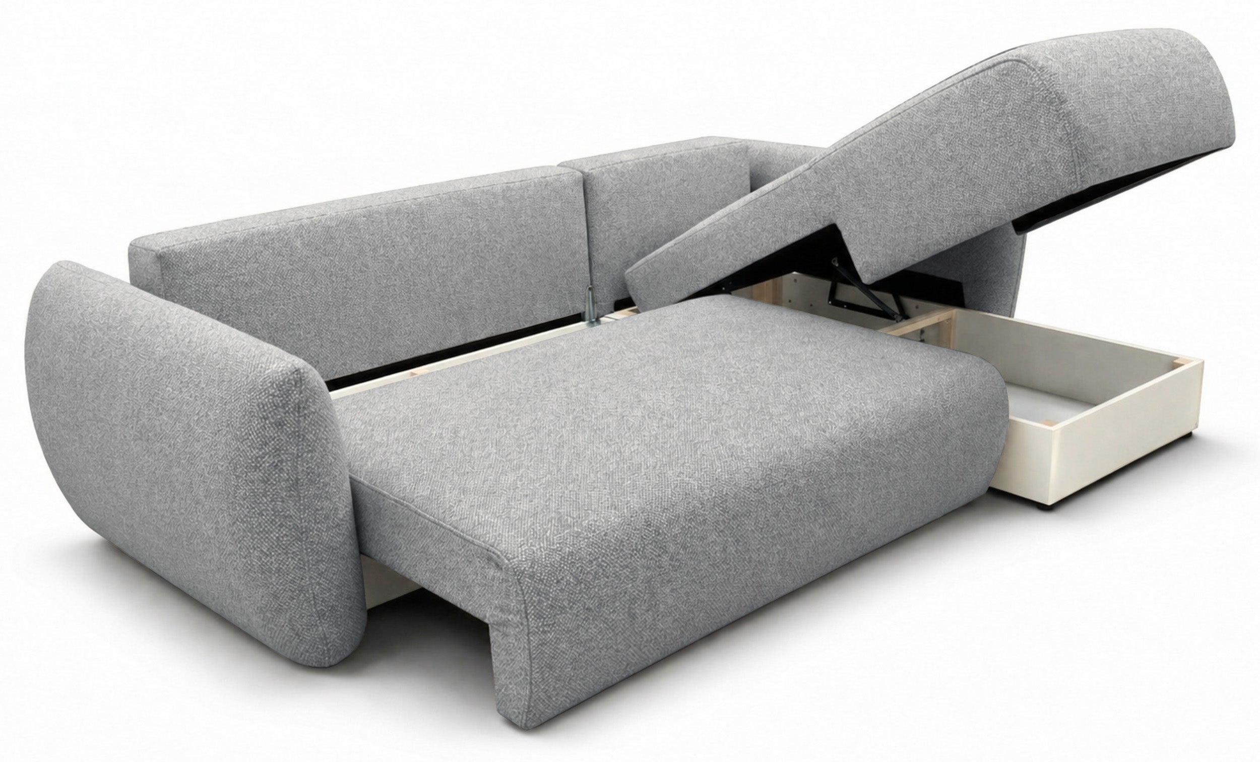 Ecksofa mit Schlafunktion Zordo, L-förmig, rechtsseitig, mit zwei Stauraumfächern, grauer Chenille-Stoff