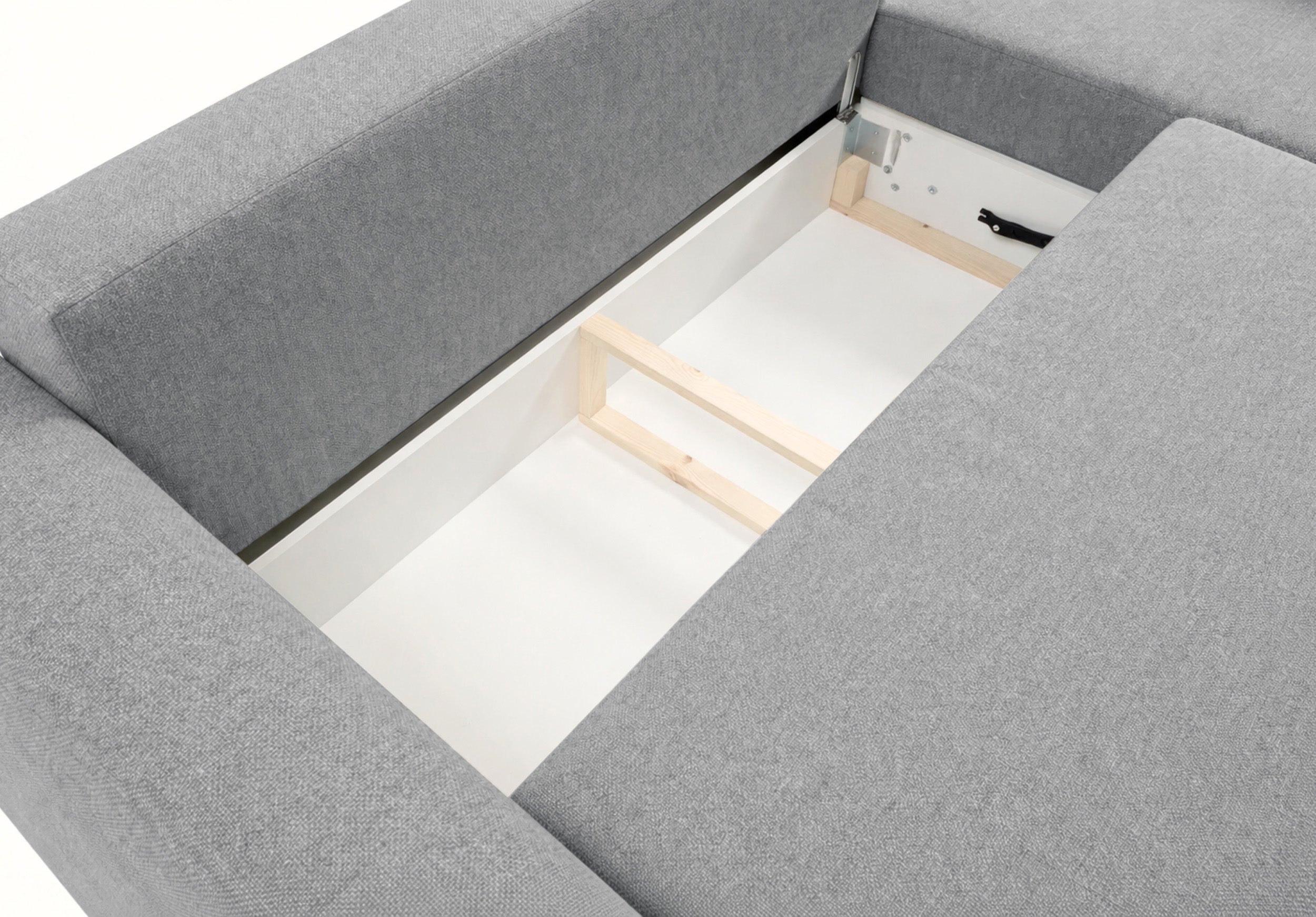 Ecksofa mit Schlafunktion Zordo, L-förmig, rechtsseitig, mit zwei Stauraumfächern, grauer Chenille-Stoff