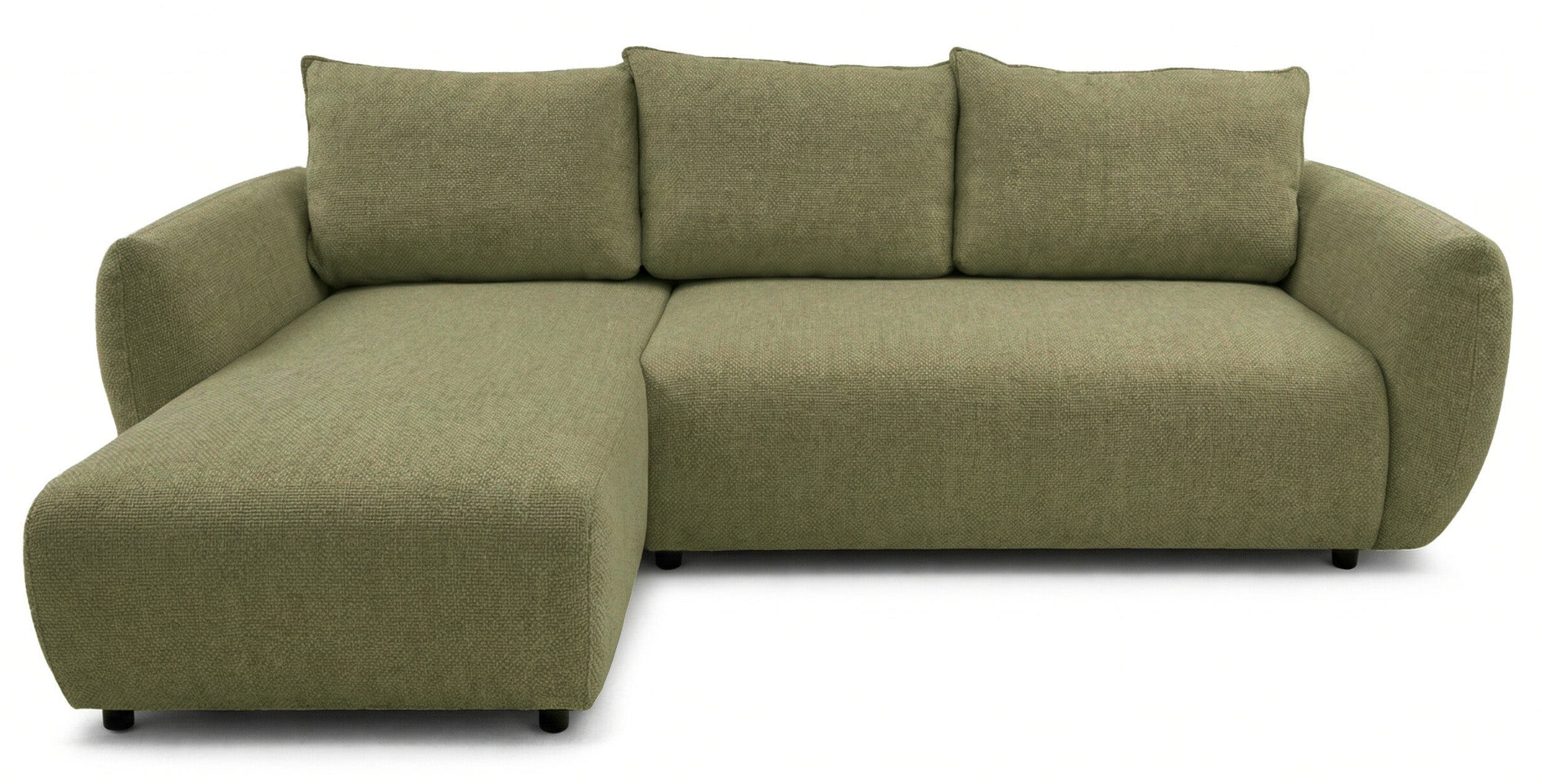 Ecksofa mit Schlafunktion Zordo, L-förmig, linksseitig, mit zwei Stauraumfächern, olivgrüner Chenille-Stoff
