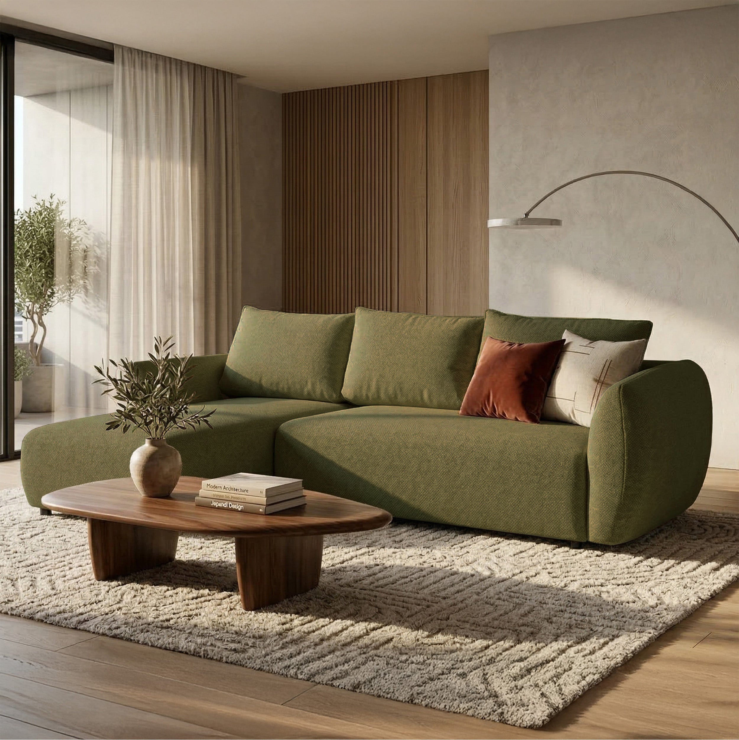 Ecksofa mit Schlafunktion Zordo, L-förmig, linksseitig, mit zwei Stauraumfächern, olivgrüner Chenille-Stoff