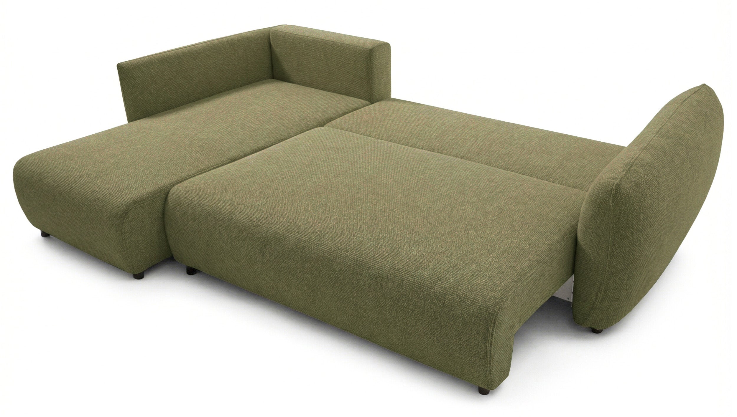 Ecksofa mit Schlafunktion Zordo, L-förmig, linksseitig, mit zwei Stauraumfächern, olivgrüner Chenille-Stoff