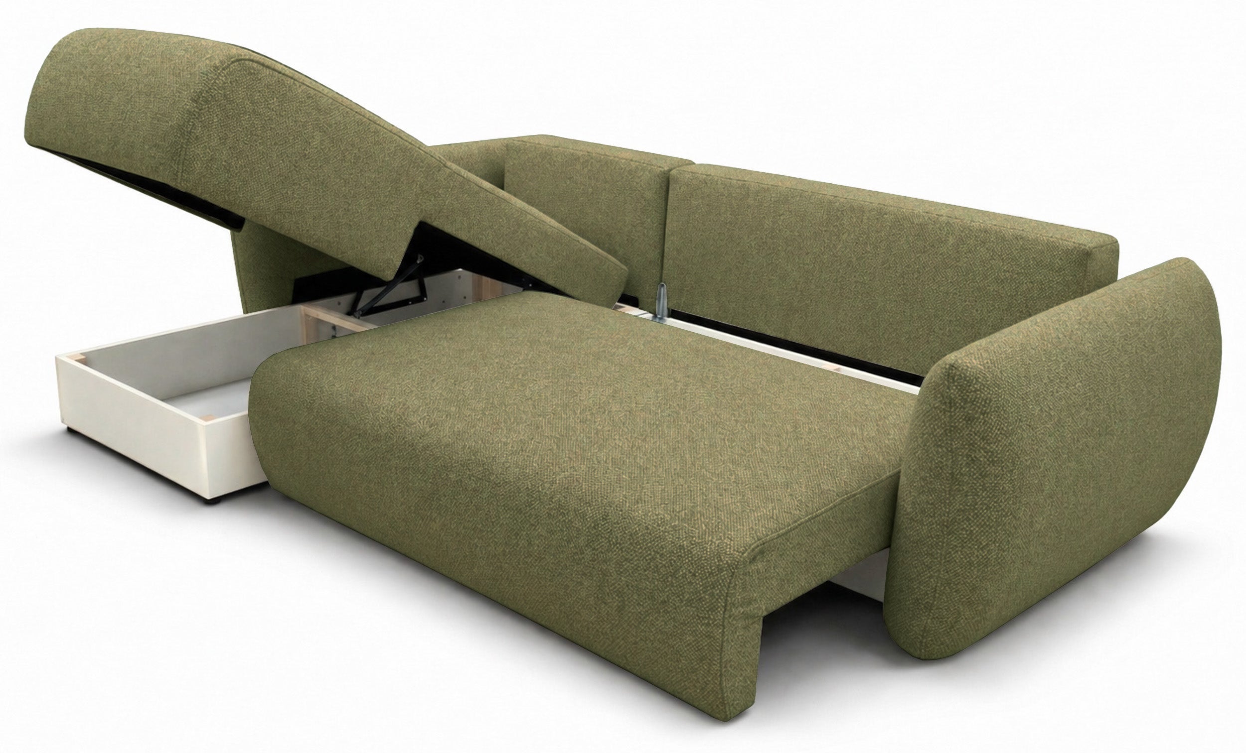 Ecksofa mit Schlafunktion Zordo, L-förmig, linksseitig, mit zwei Stauraumfächern, olivgrüner Chenille-Stoff