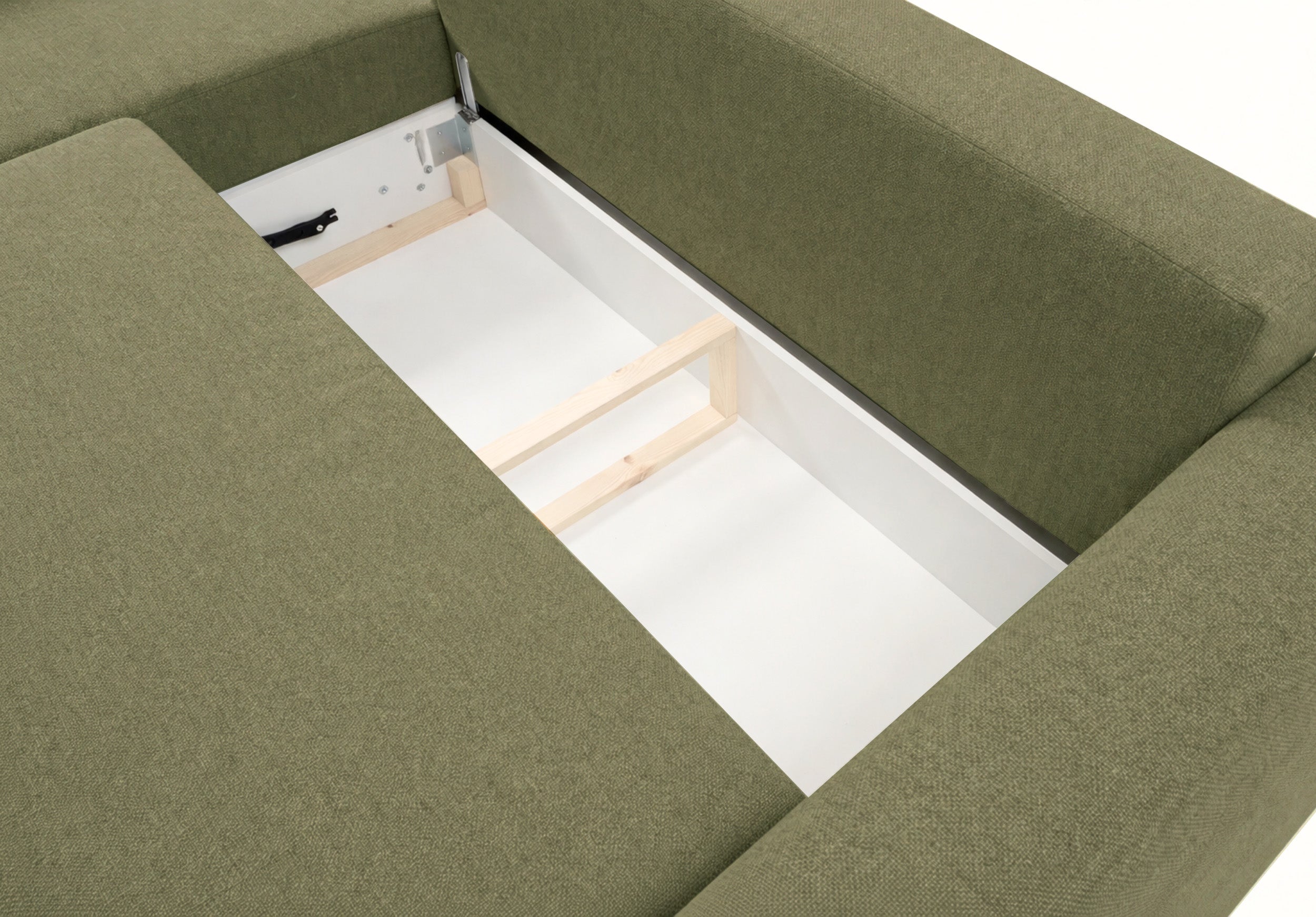Ecksofa mit Schlafunktion Zordo, L-förmig, linksseitig, mit zwei Stauraumfächern, olivgrüner Chenille-Stoff