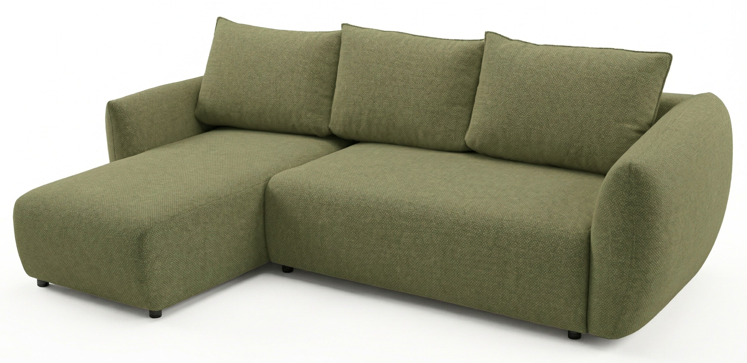 Ecksofa mit Schlafunktion Zordo, L-förmig, linksseitig, mit zwei Stauraumfächern, olivgrüner Chenille-Stoff