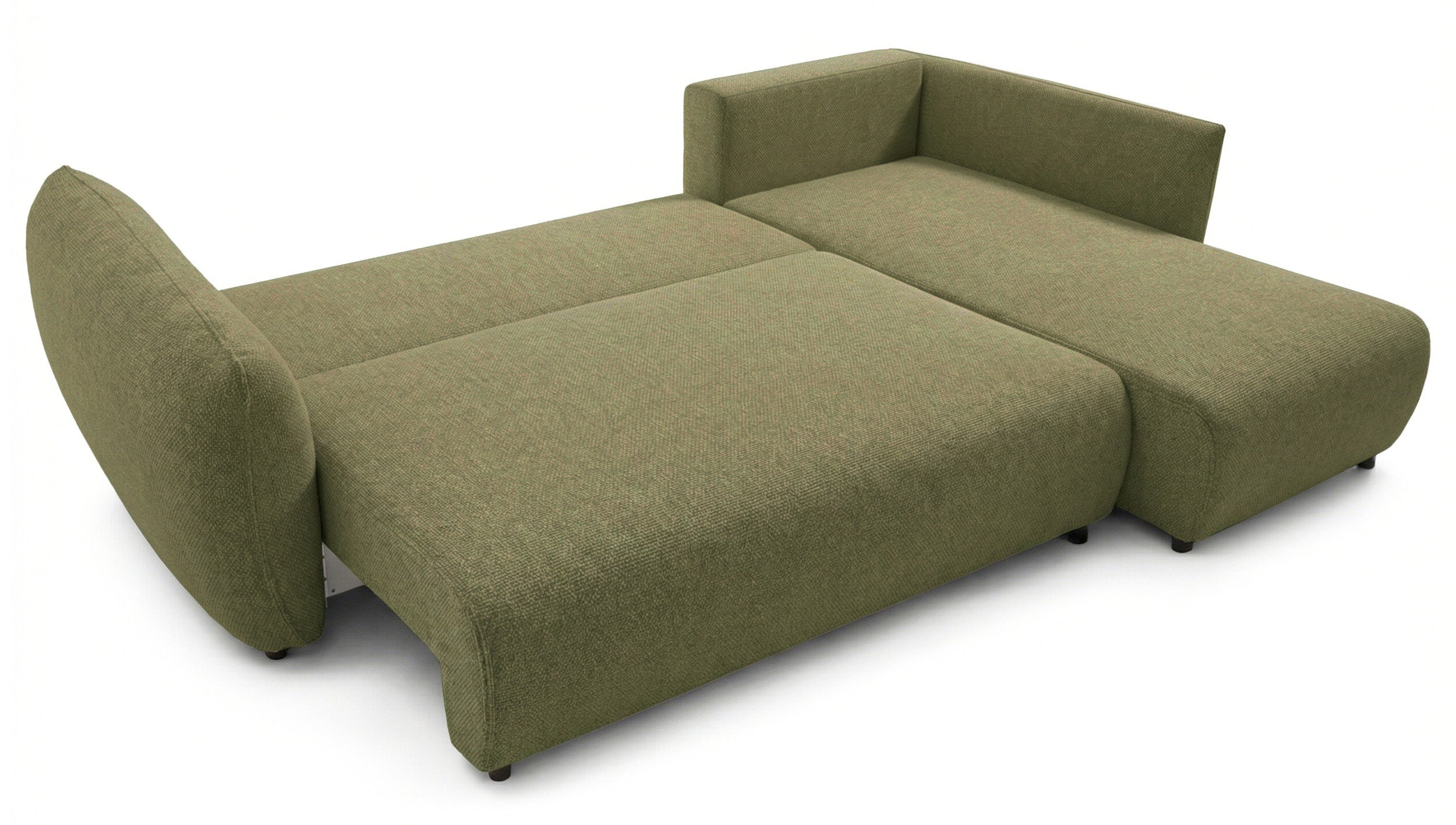 Ecksofa mit Schlaffunktion Zordo, L-förmig, rechtsseitig, mit zwei Stauraumfächern, olivgrüner Chenillestoff