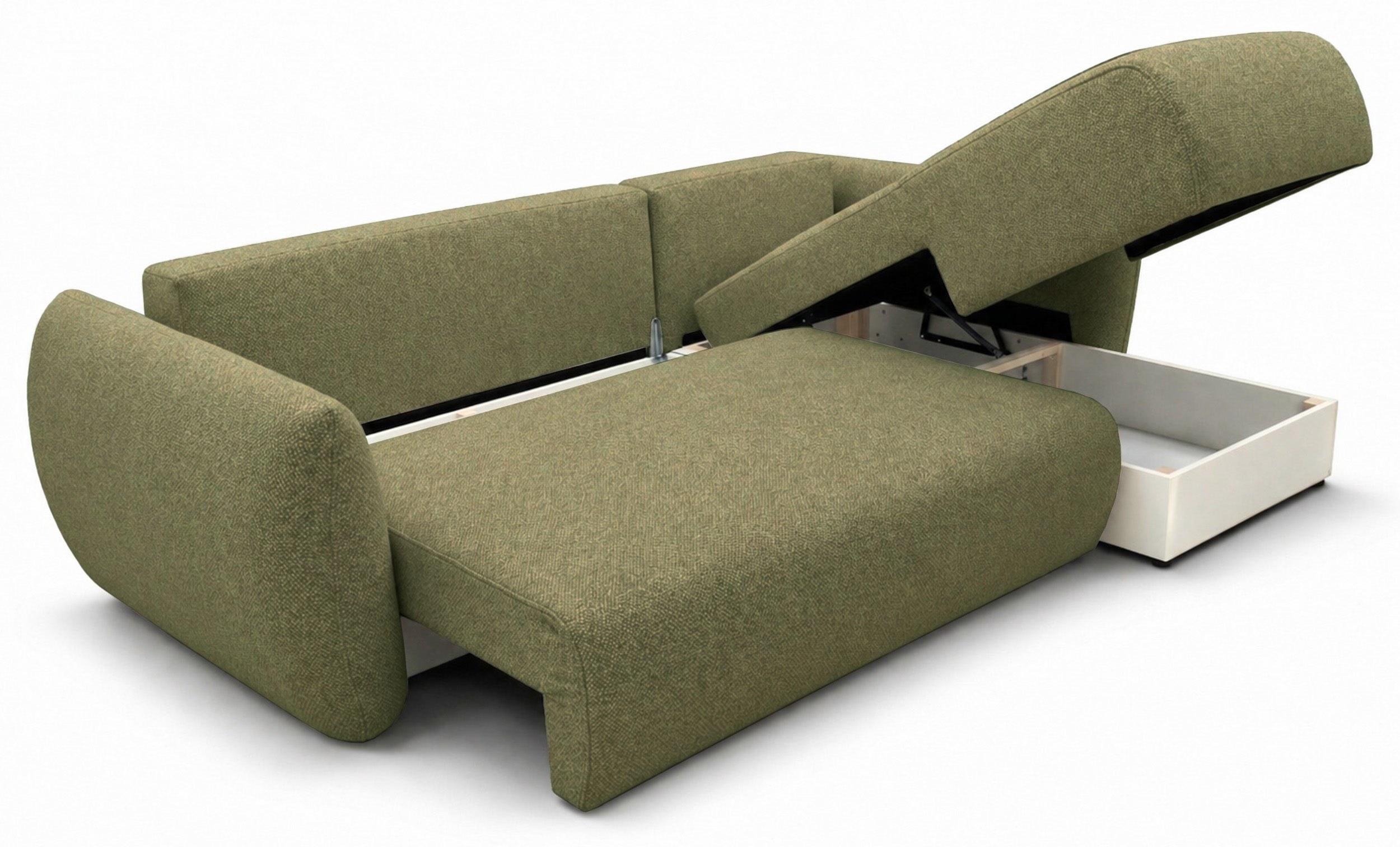 Ecksofa mit Schlaffunktion Zordo, L-förmig, rechtsseitig, mit zwei Stauraumfächern, olivgrüner Chenillestoff