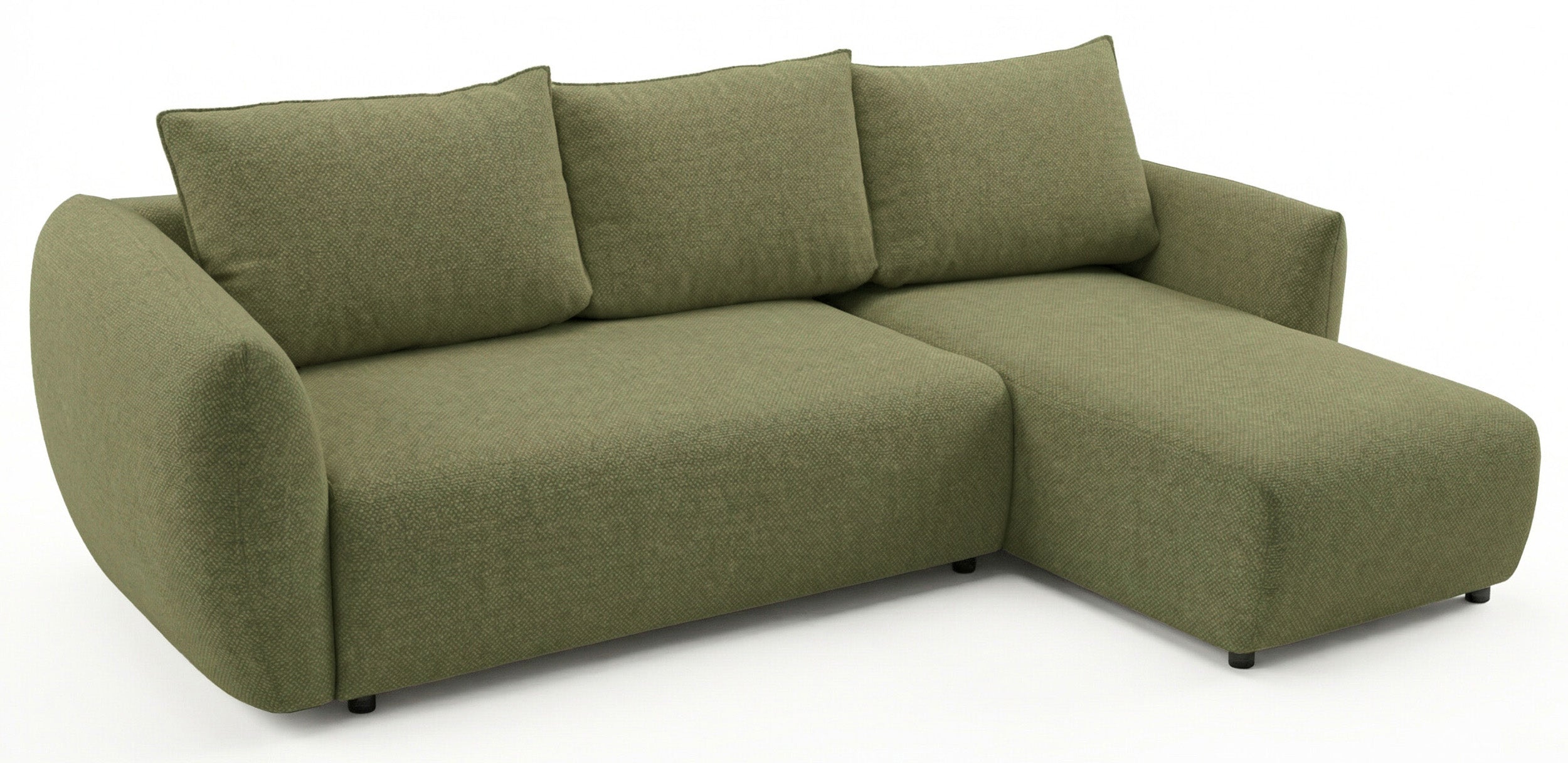 Ecksofa mit Schlaffunktion Zordo, L-förmig, rechtsseitig, mit zwei Stauraumfächern, olivgrüner Chenillestoff