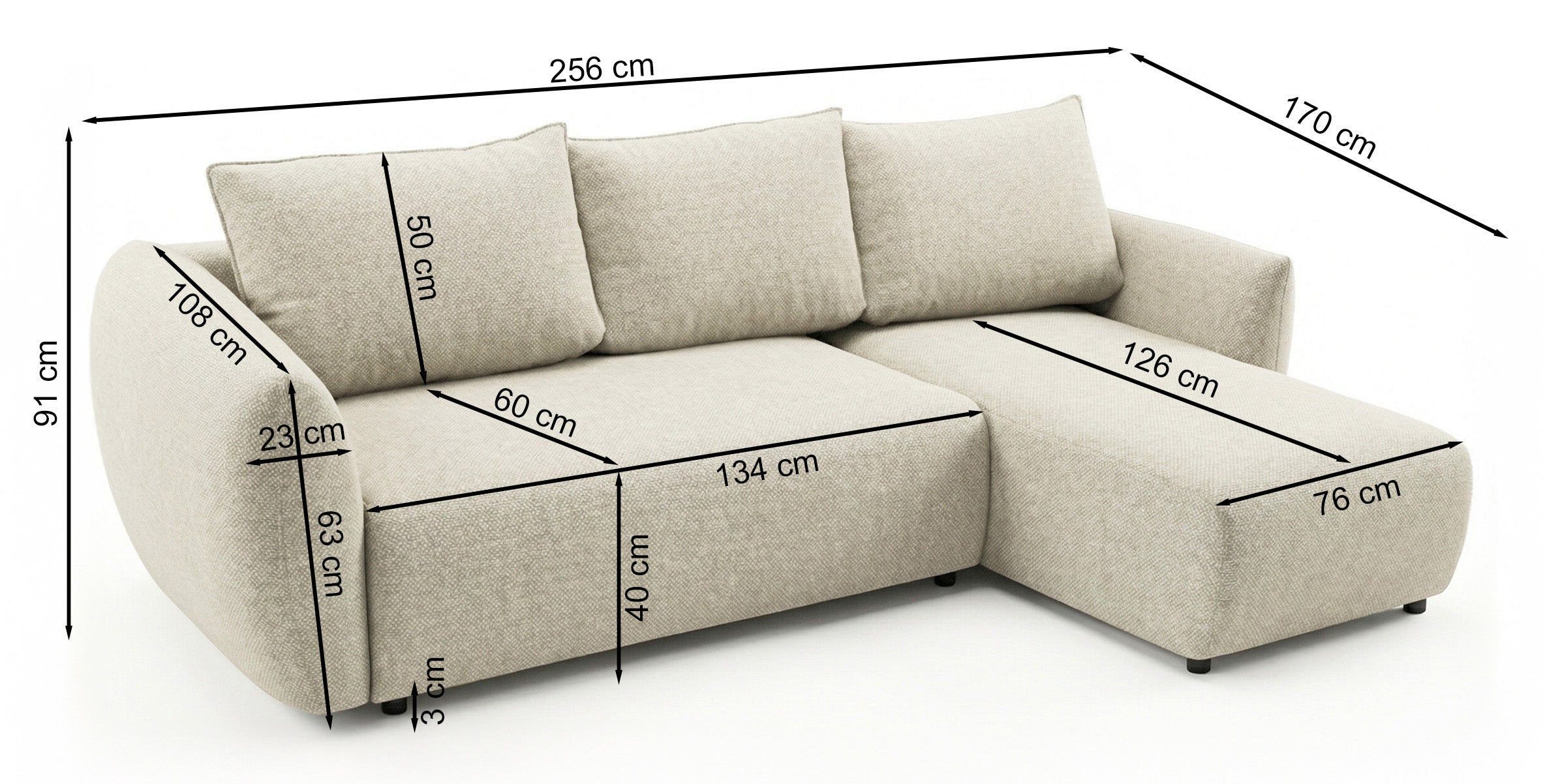 Ecksofa mit Schlafunktion Zordo, L-förmig, linksseitig, mit zwei Stauraumfächern, hellbeiger Chenille-Stoff