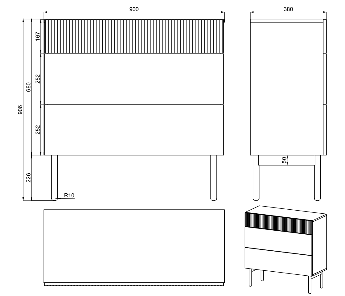 Kommode Nolie mit drei Schubladen 90 cm Portland Esche Schwarz