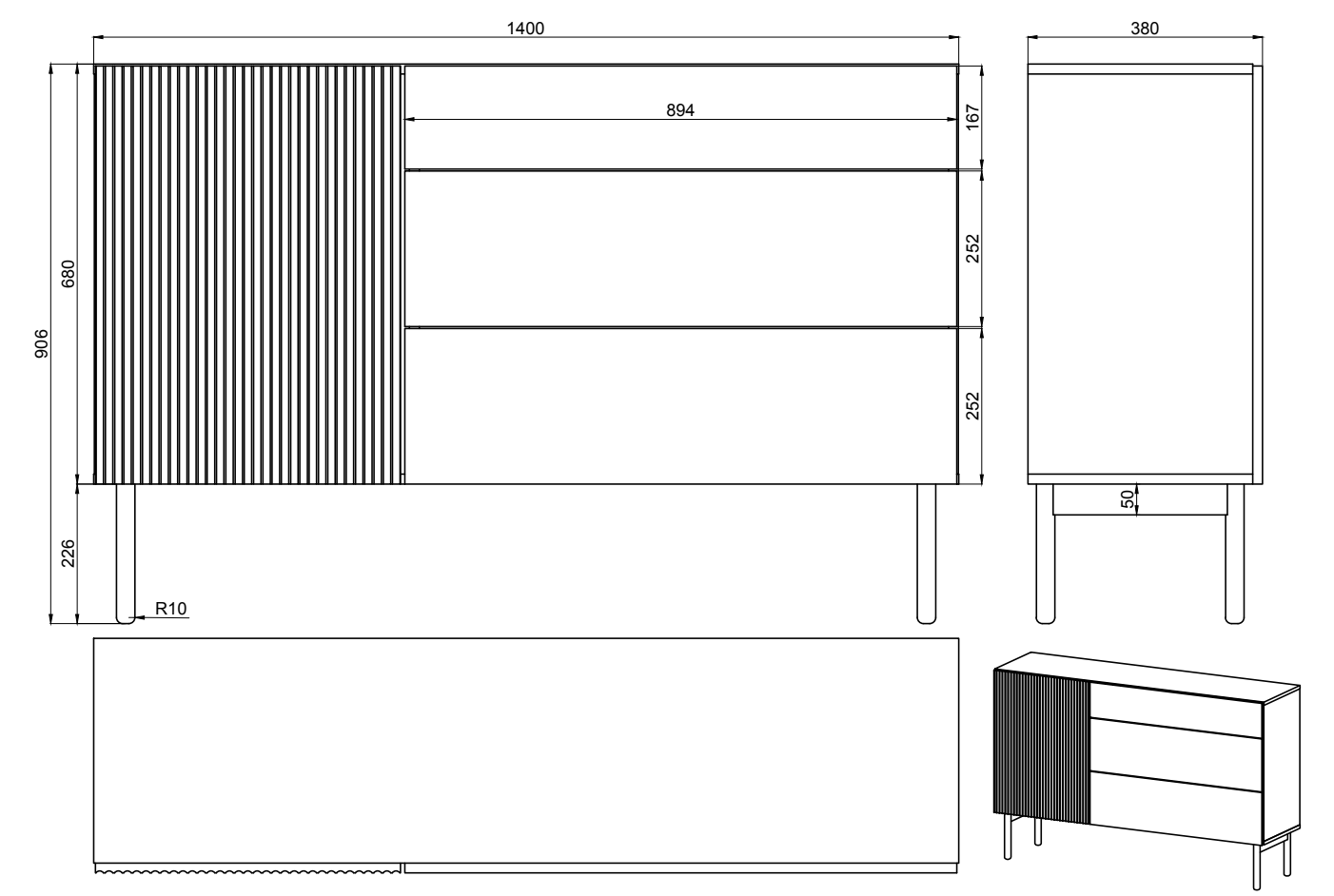 Einzeltür-Kommode Nolie mit drei Schubladen, 140 cm, Portland Esche Schwarz