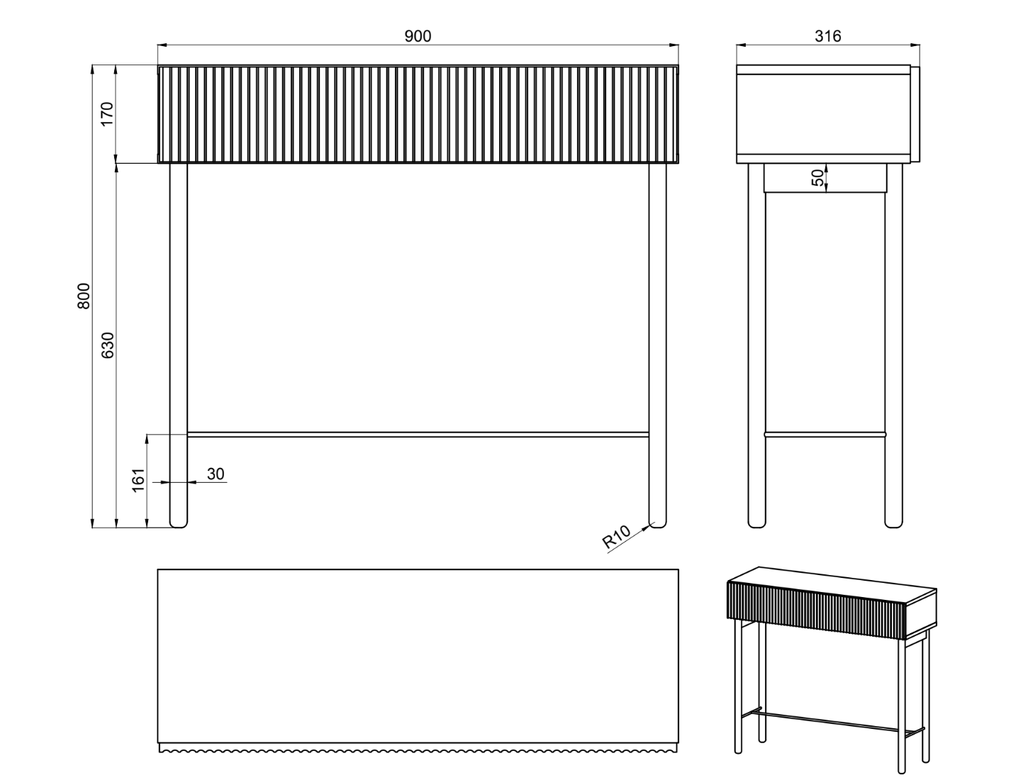 Nolie-Konsole mit Schublade und Füßen 90 cm geölte Eiche