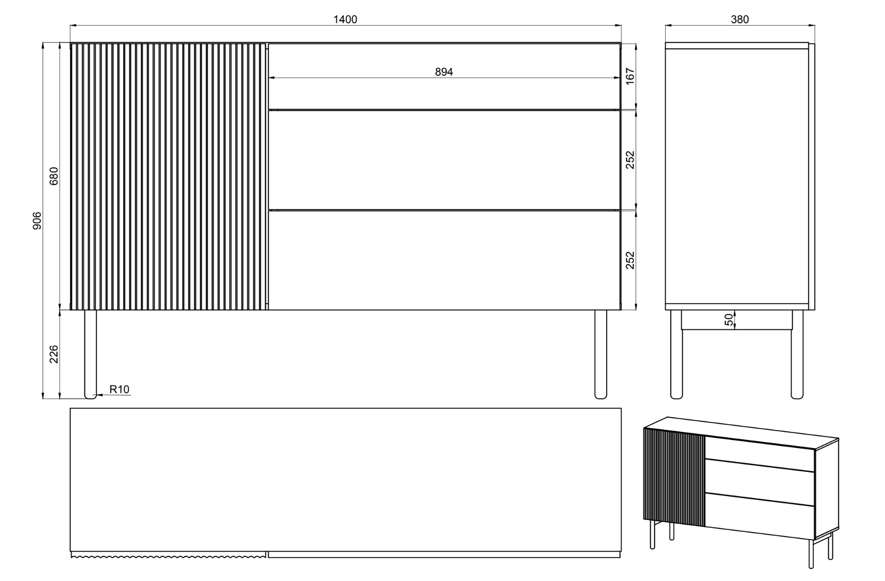 Einzeltür-Kommode Nolie mit drei Schubladen, 140 cm, geölte Eiche