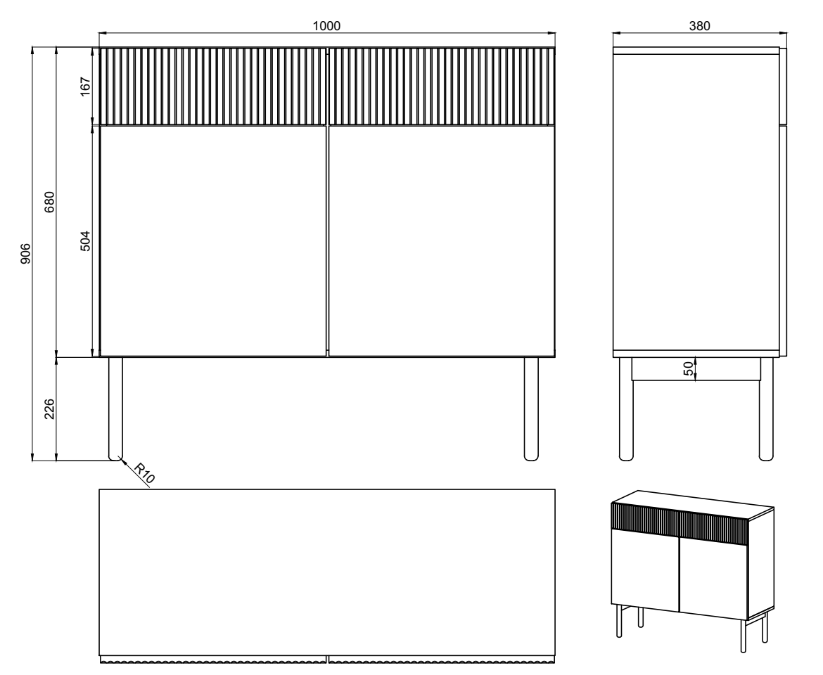 Zweiturige Kommode Nolie mit zwei Schubladen, 100 cm, Portland Esche Schwarz