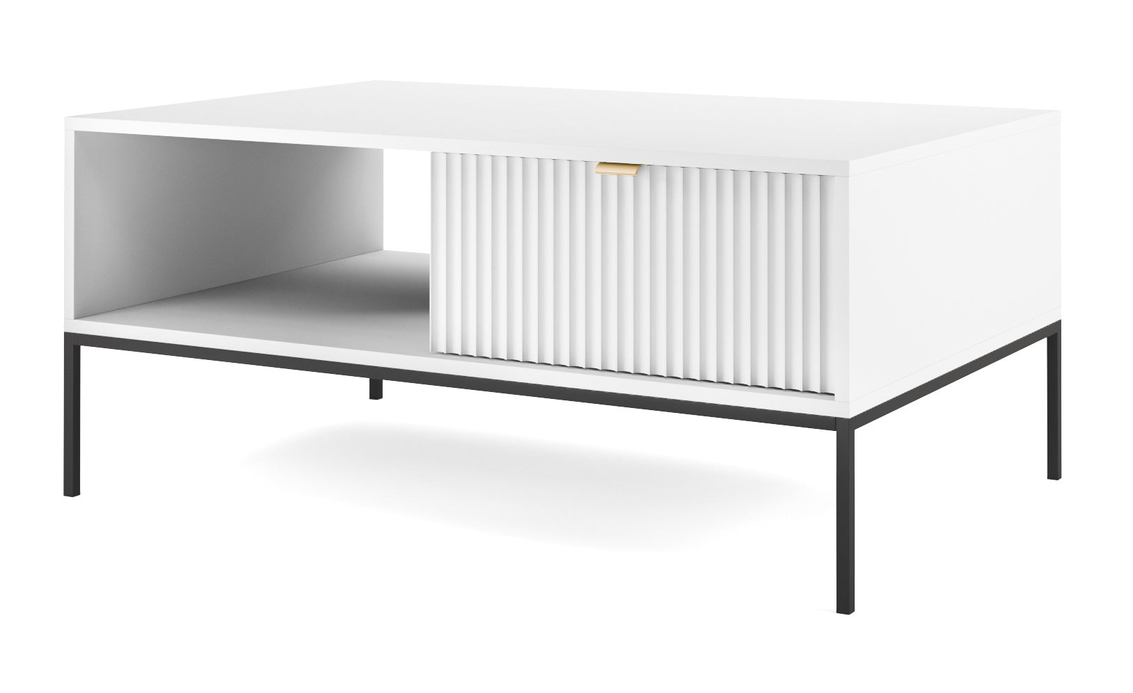 Couchtisch Vellore 104x68 cm weiß mit geriffelter Front und goldenem Griff