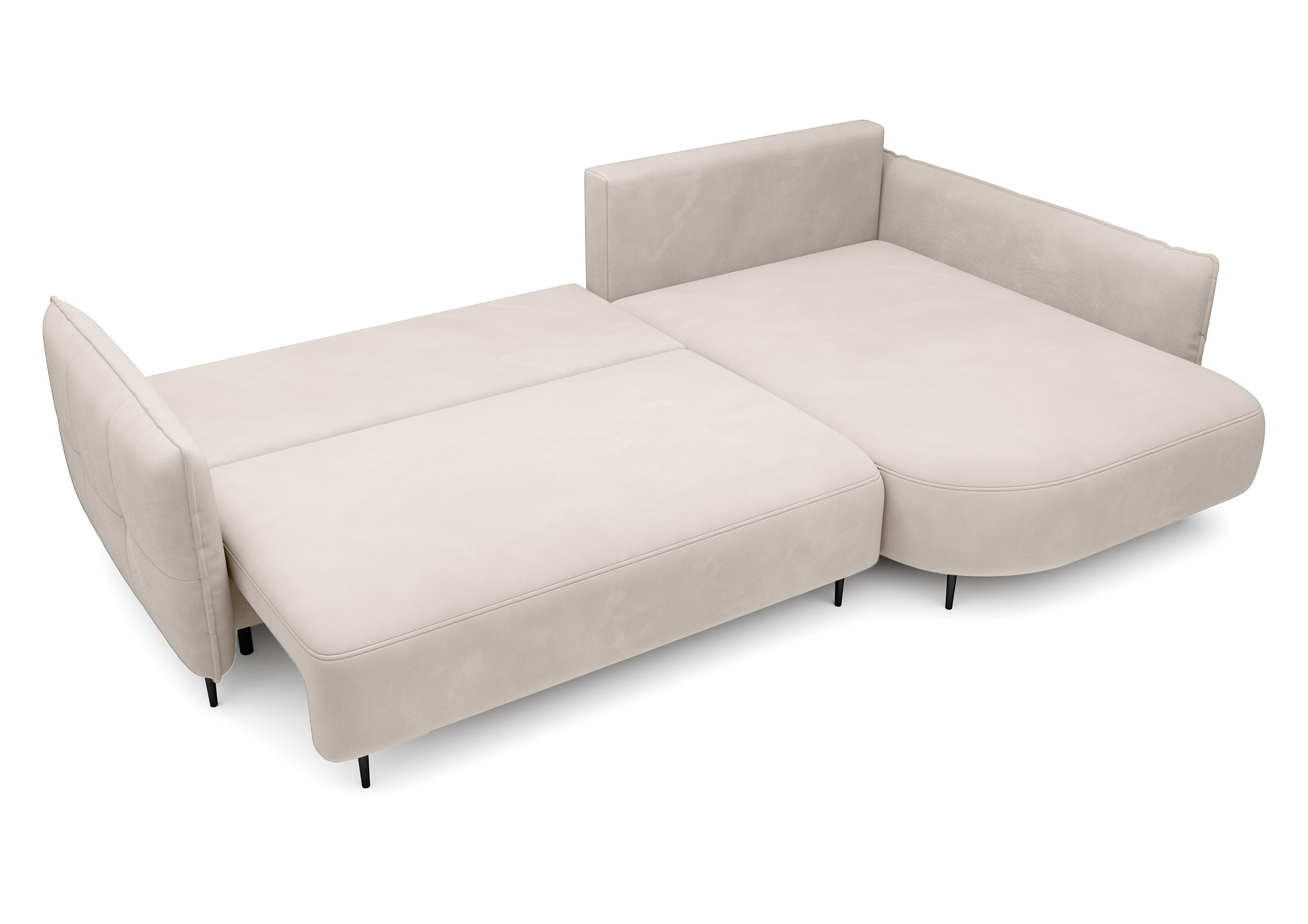 Ecksofa Oblivio mit Schlaffunktion, L-förmig, mit Stauraum, cremefarbener Samt, rechtsseitig, wasserabweisend