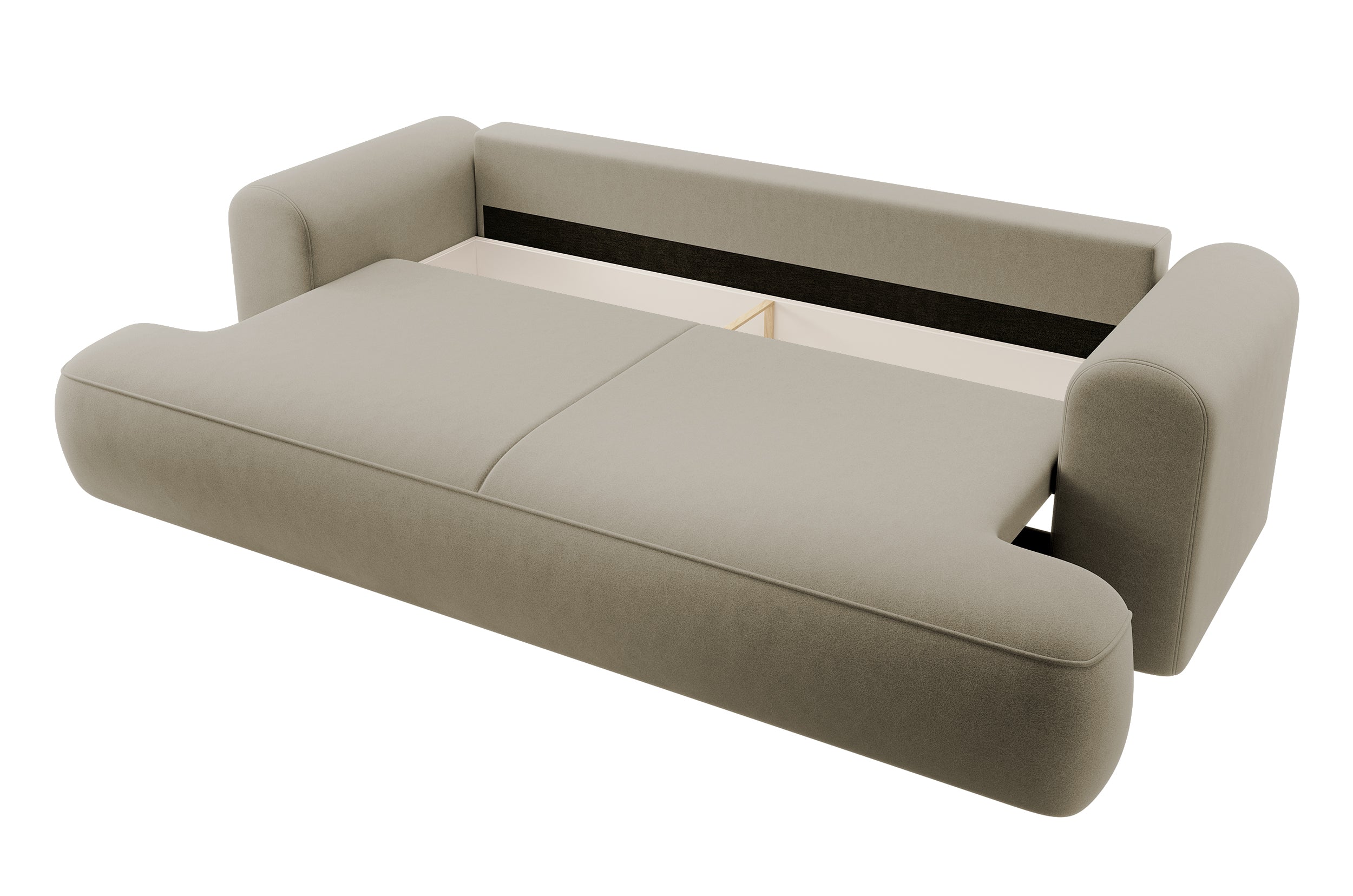 Dreisitziges ausklappbares Sofa Ovo mit Stauraum, beige, Velours aus leicht zu reinigendem Stoff