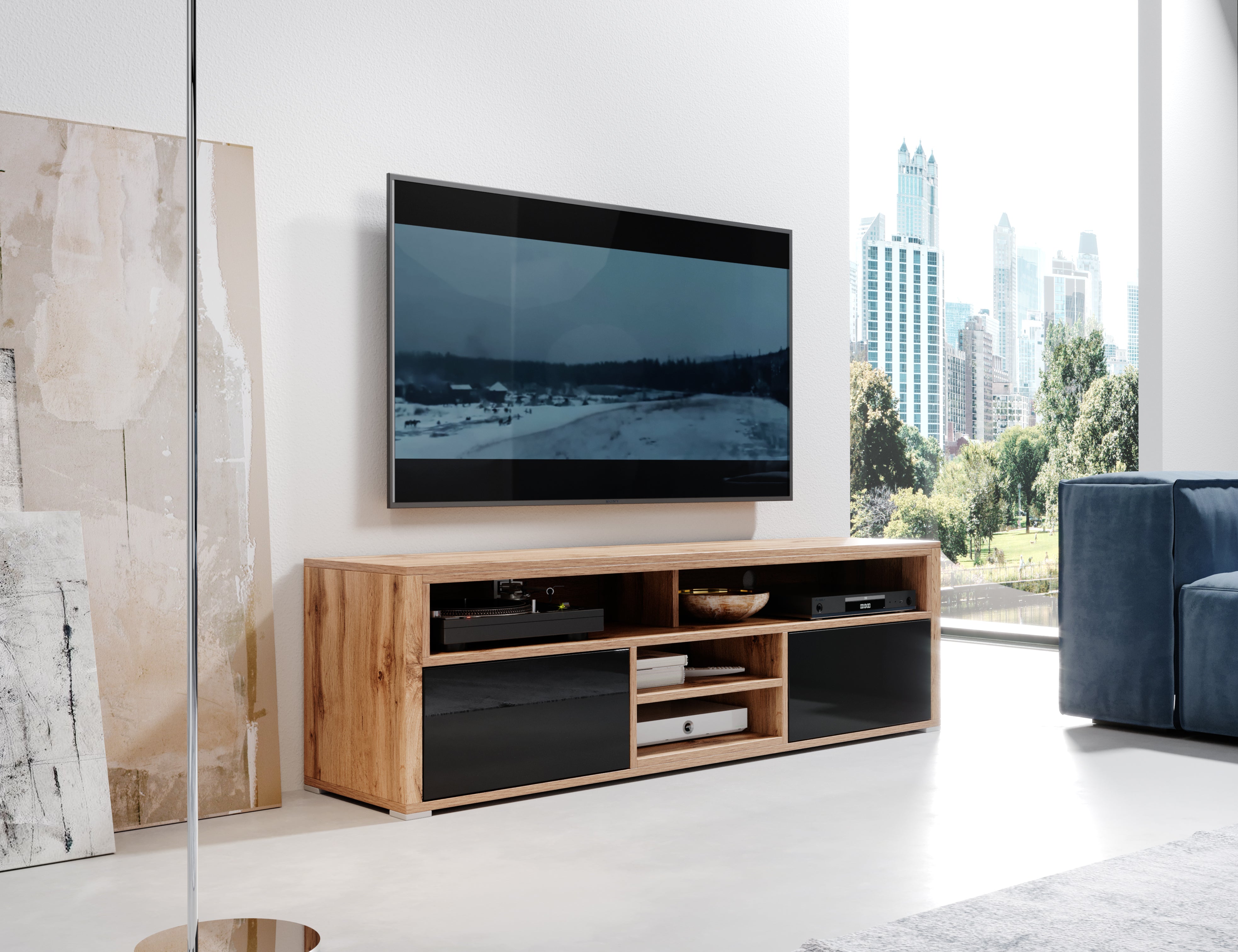 TV-Schrank Laksa Wotan-Eiche / Schwarz Hochglanz mit Beleuchtung