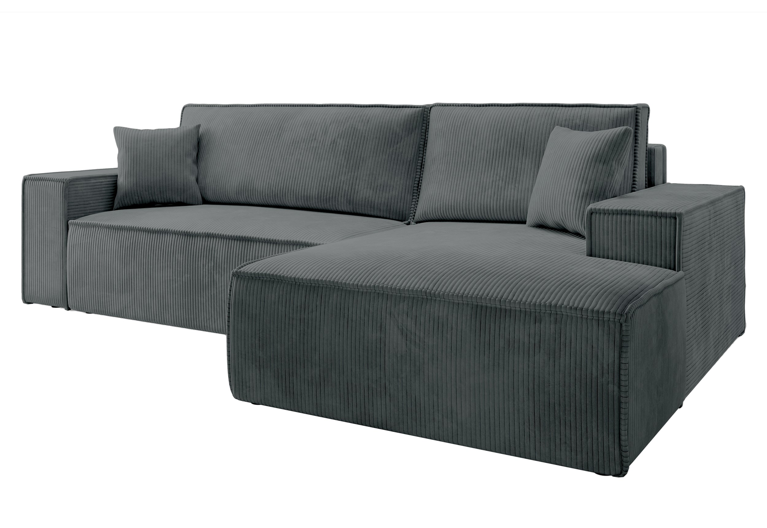 Ecksofa mit Schlaffunktion Farese New L-förmig mit Stauraum, grauer Cordstoff, rechtsseitig