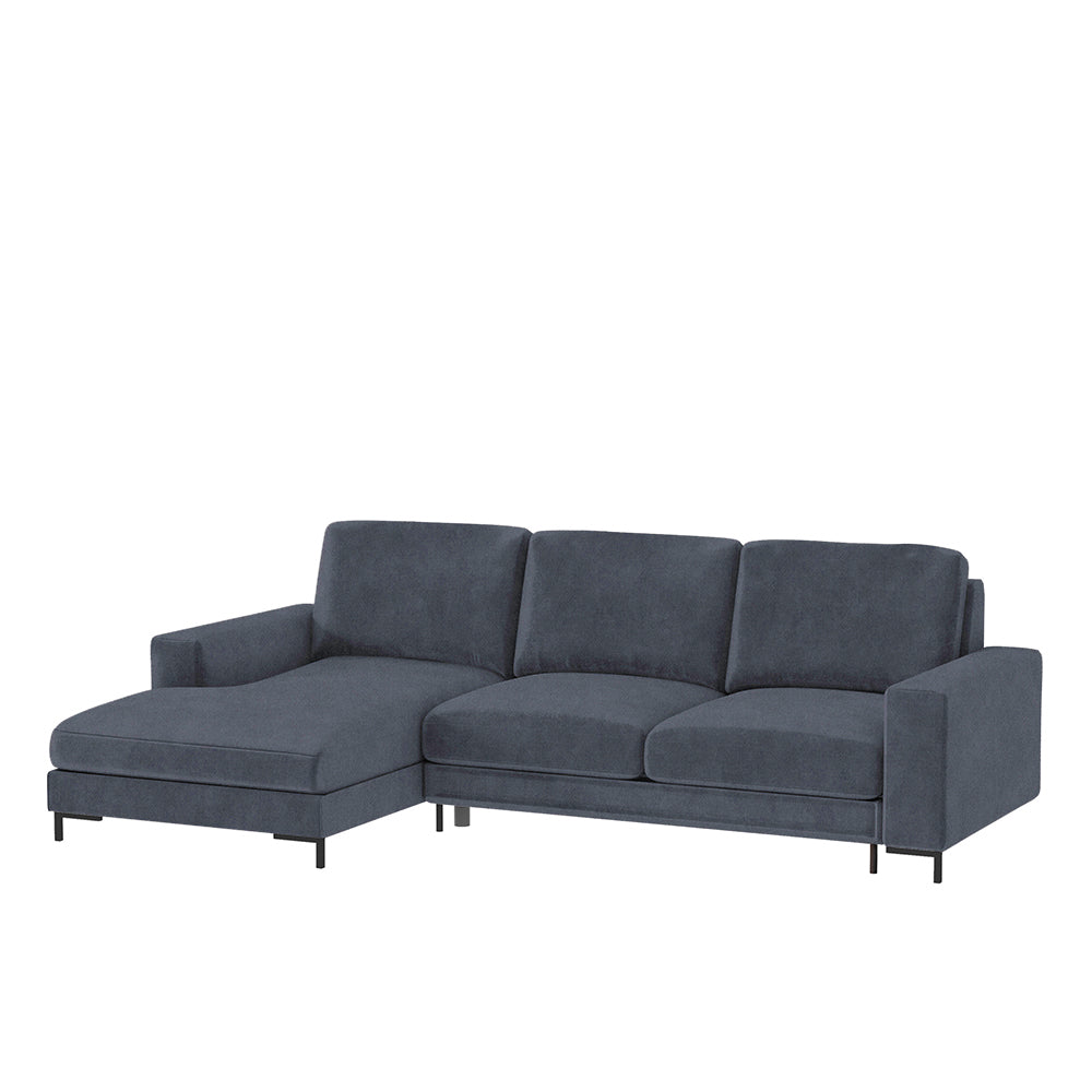 Ecksofa mit Schlaffunktion Mokpeo, L-förmig, mit zwei Stauraumfächern, schwarzen Füßen, marineblau, aus leicht zu reinigendem Stoff, linksseitig