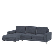 Ecksofa mit Schlaffunktion Mokpeo, L-förmig, mit zwei Stauraumfächern, schwarzen Füßen, marineblau, aus leicht zu reinigendem Stoff, linksseitig