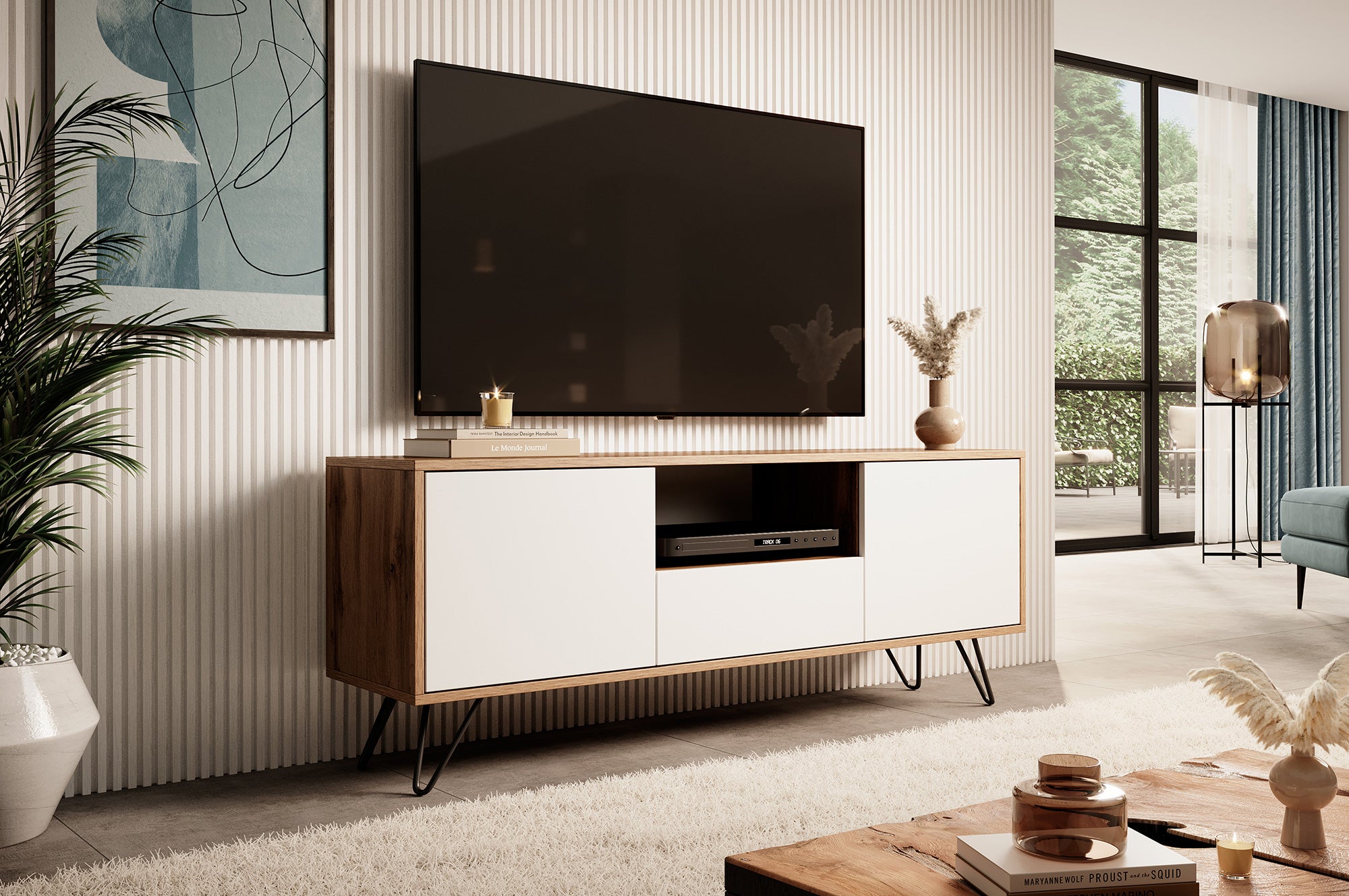TV-Schrank Ploystea 137 cm Wotan-Eiche / Weiß mit Beleuchtung