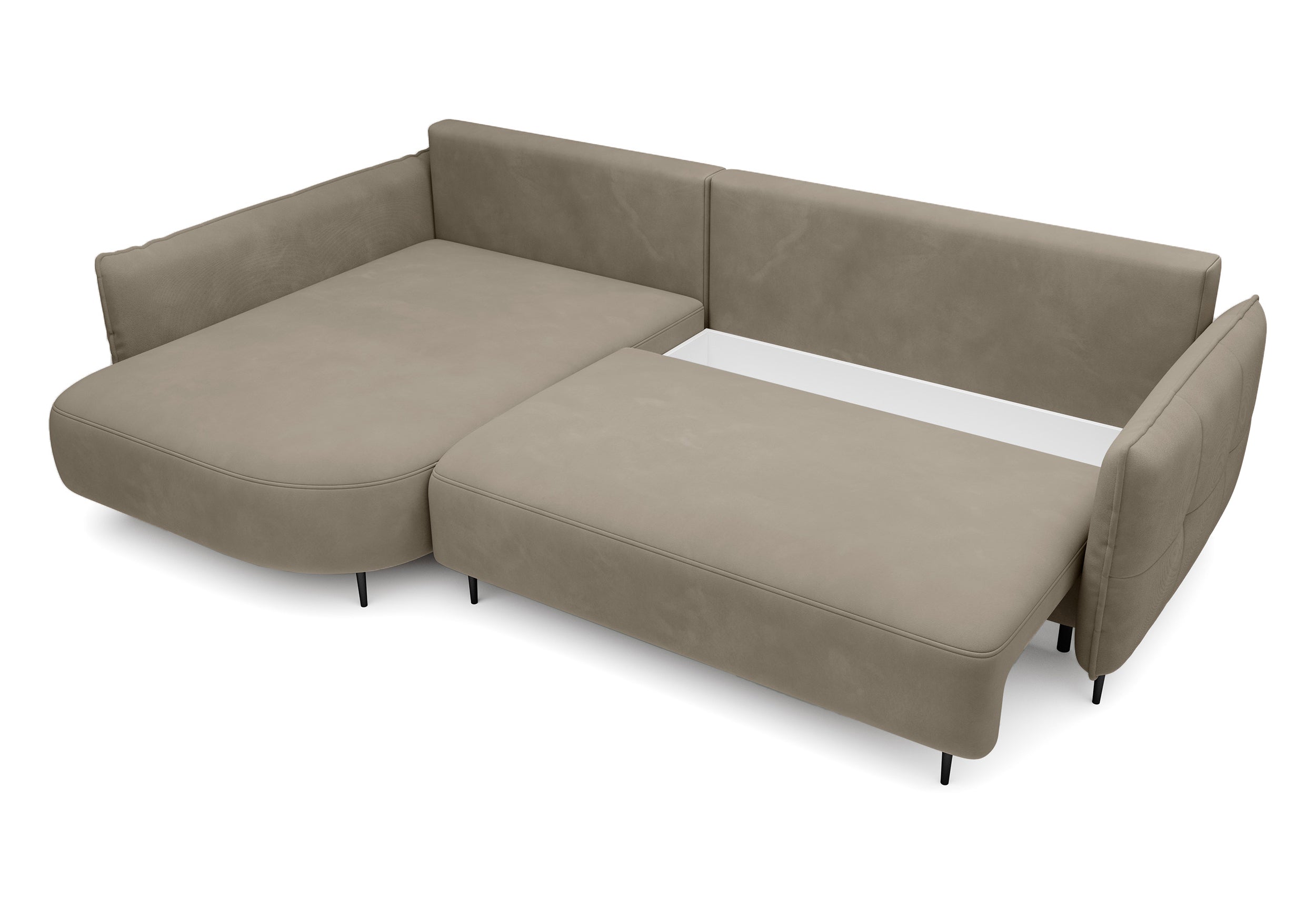 Ecksofa Oblivio mit Schlaffunktion, L-förmig, mit Stauraum, hellbraunes Samt, linksseitig, wasserabweisend