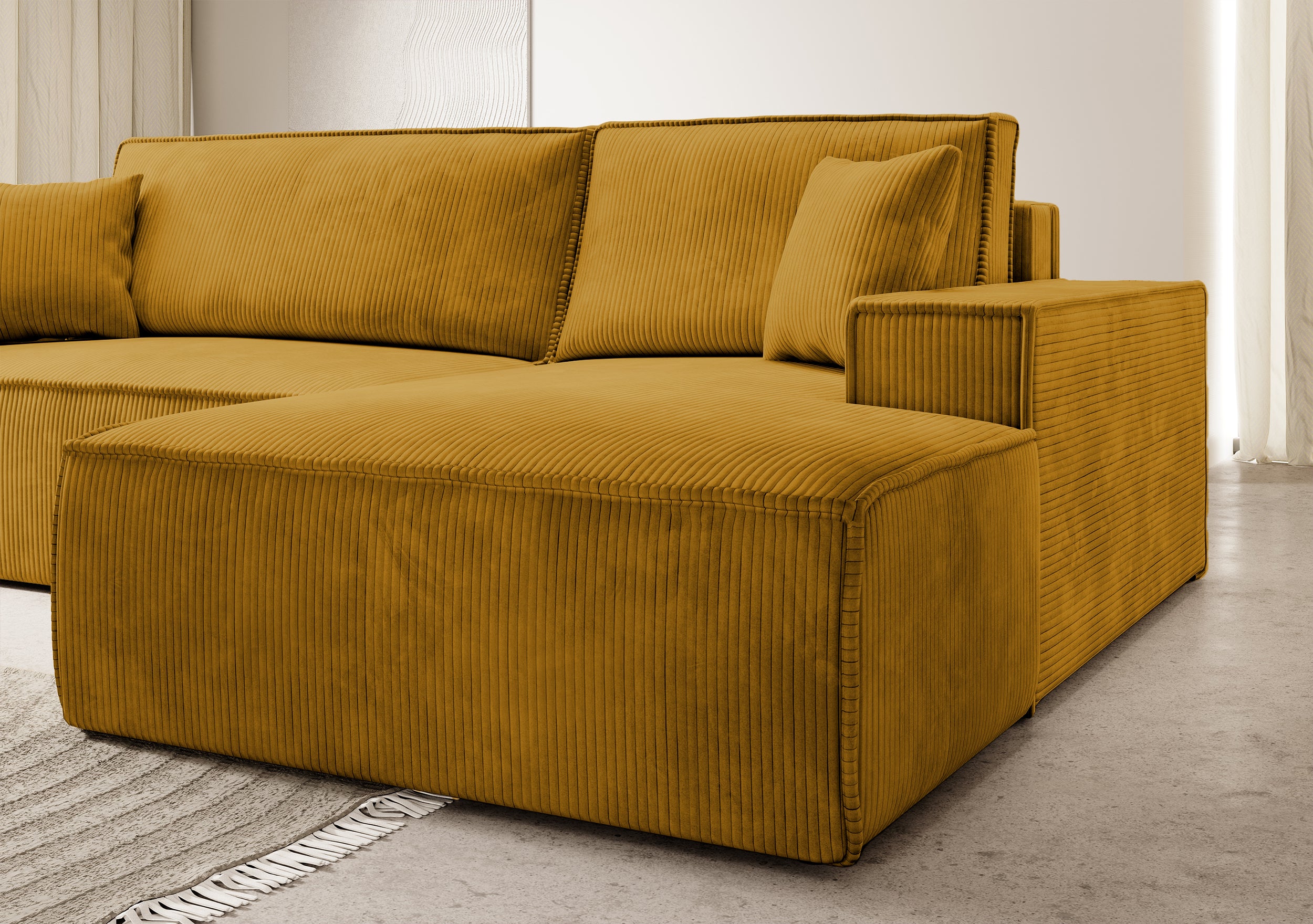 Ecksofa mit Schlaffunktion Farese New, L-förmig, mit Stauraum, senfgelber Cordstoff, rechtsseitig