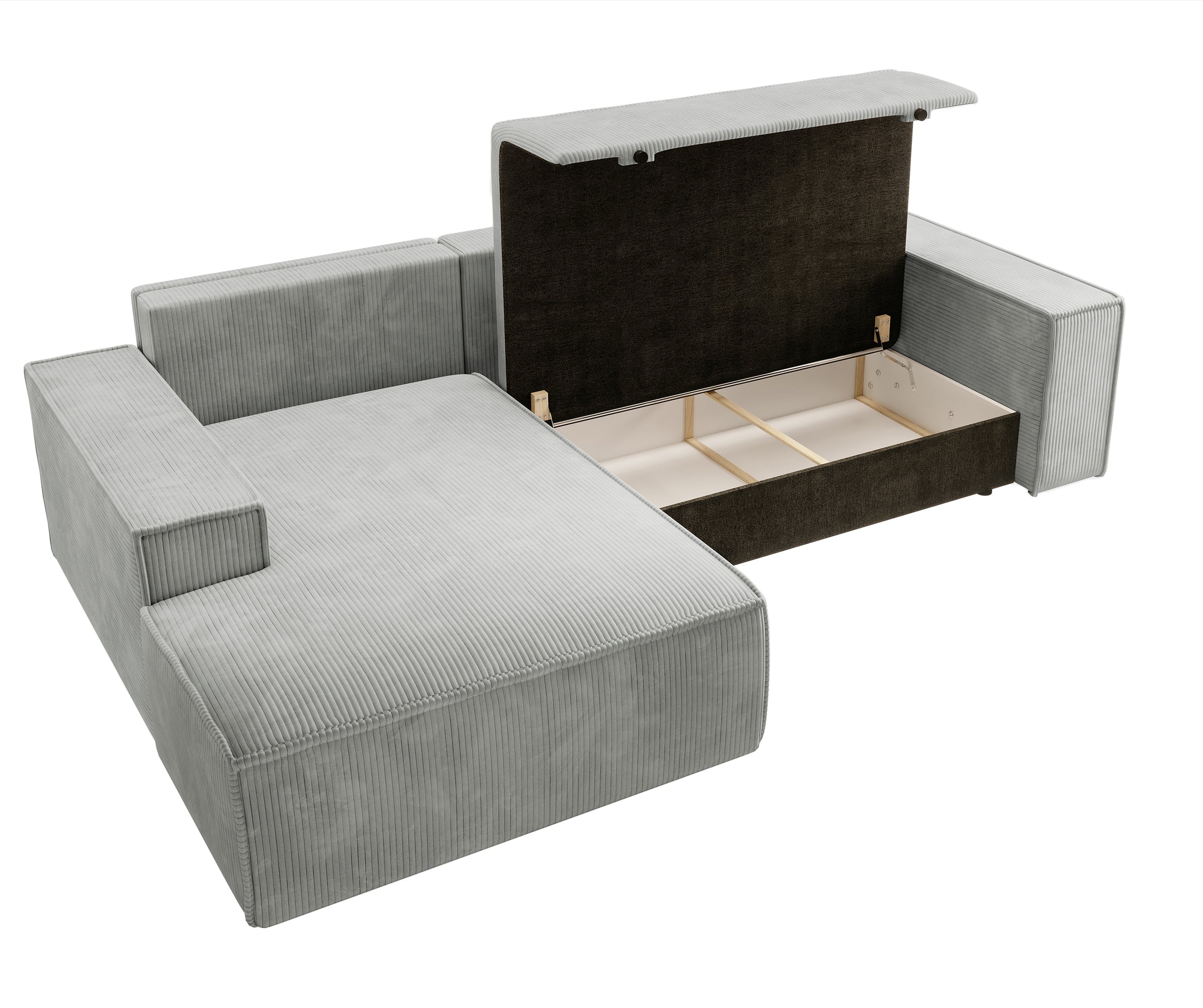 Ecksofa mit Schlafunktion Farese New, L-förmig, mit Stauraum, hellgrauer Cord, linksseitig