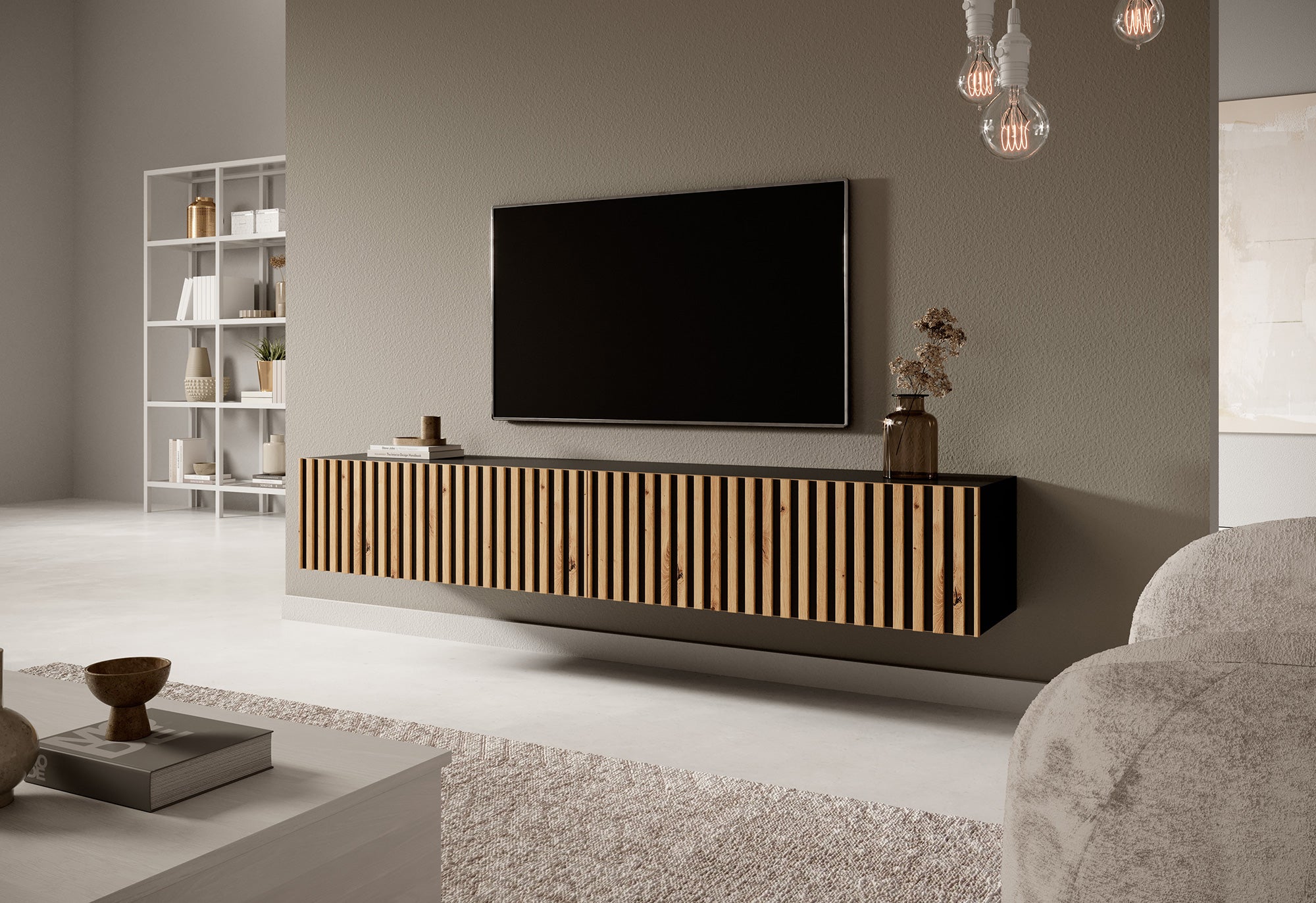TV-Schrank Telire 175 cm schwarz mit lamellenförmiger Front Artisan-Eiche