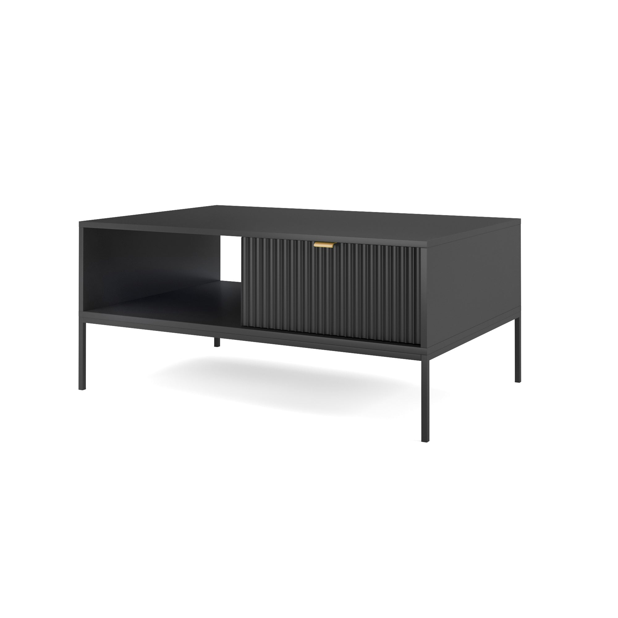 Couchtisch Vellore 104x68 cm schwarz mit geriffelter Front und goldenem Griff
