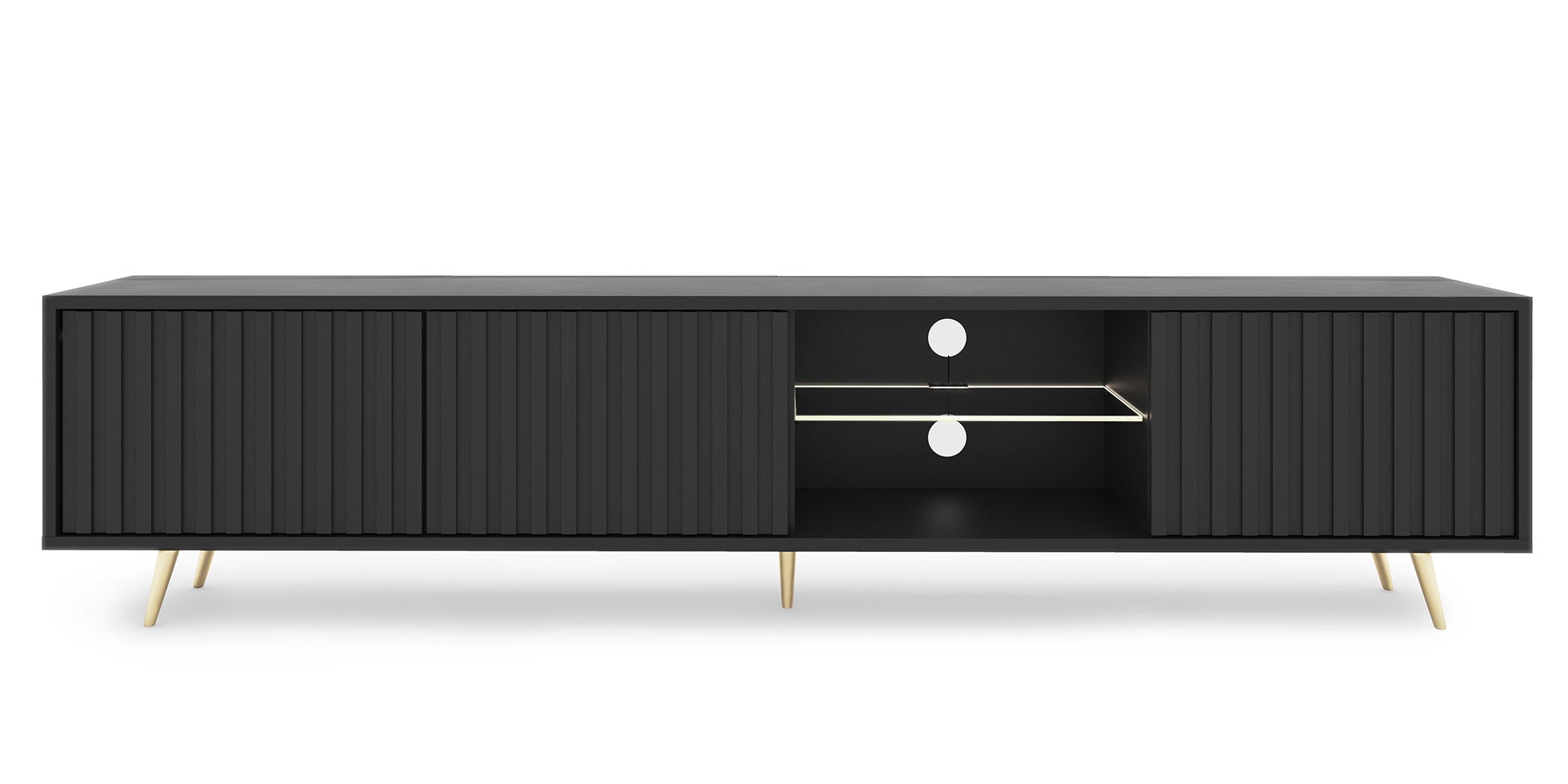 TV-Schrank Bello mit Lamellenfronten, 175 cm, schwarz, mit LED und goldenen Beinen