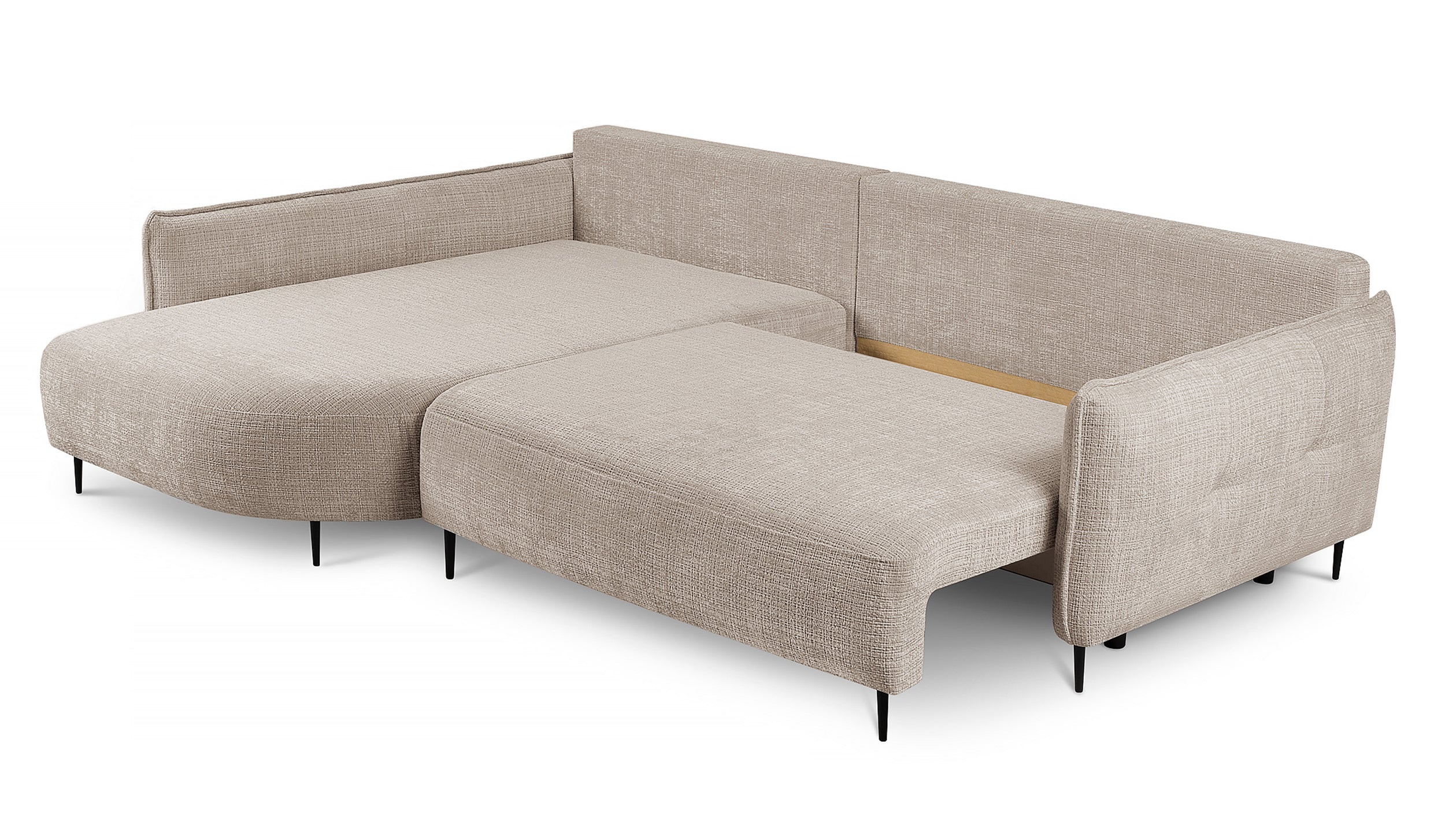 Ecksofa Oblivio mit Schlaffunktion, L-förmig, mit Stauraum, hellbeiger Chenille, linksseitig