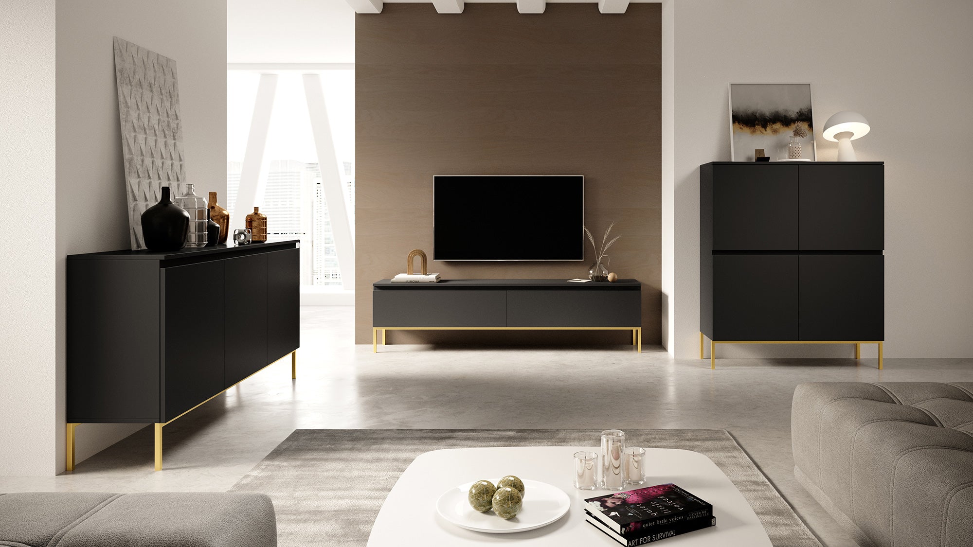 TV-Schrank Bemmi 150 cm schwarz mit goldenen Beinen