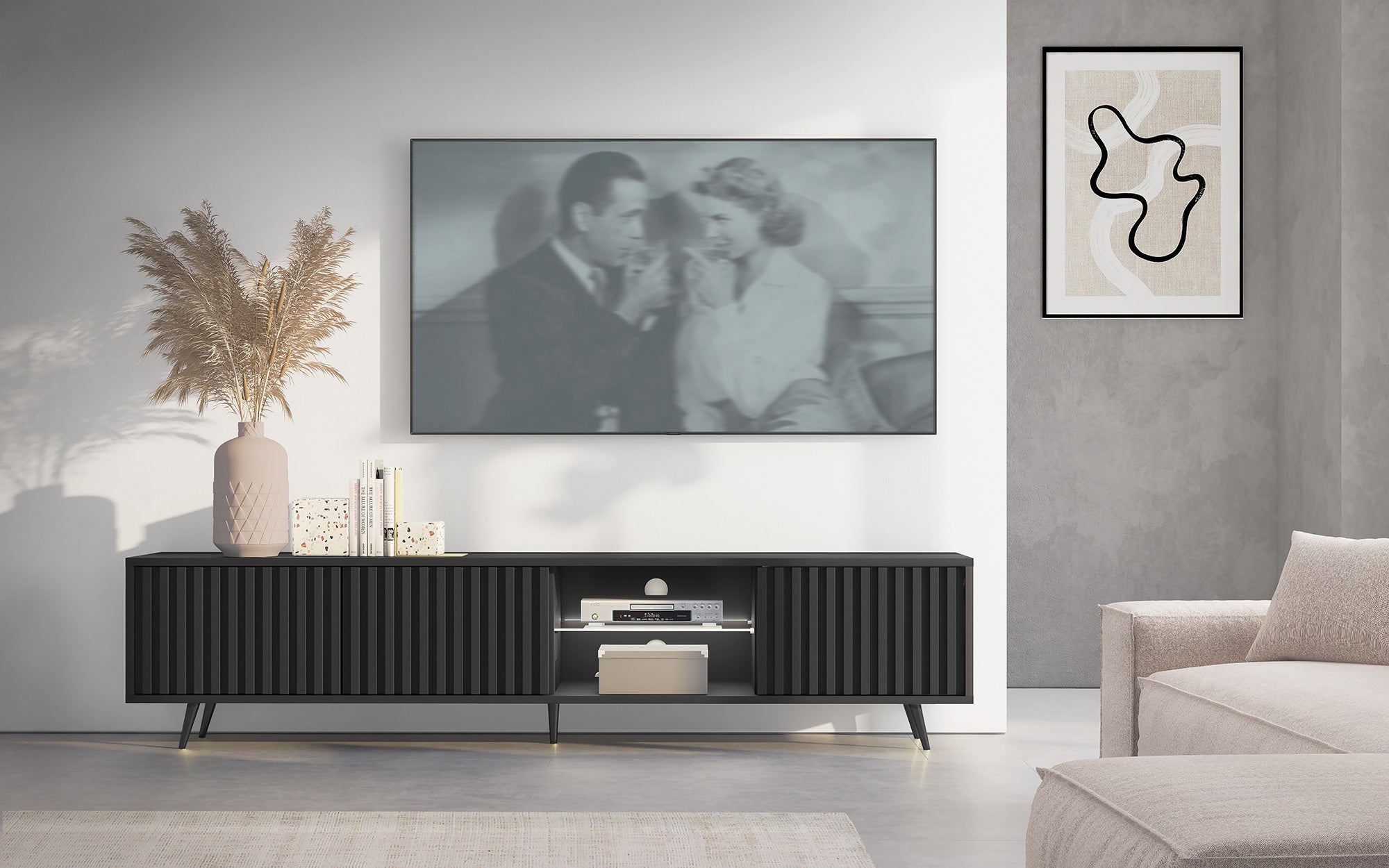 TV-Schrank Bello mit Lamellenfronten, 175 cm, schwarz, mit LED und schwarzen Beinen
