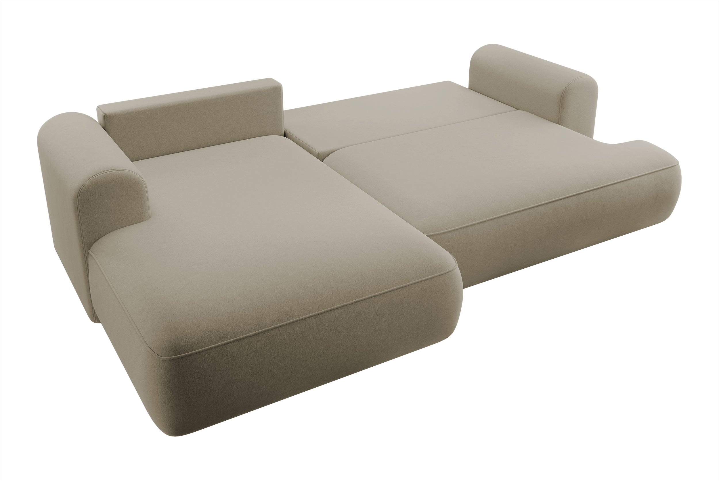 Ecksofa mit Schlafunktion Ovo, L-förmig, beige Velours mit Stauraum, aus leicht zu reinigendem Stoff, linksseitig