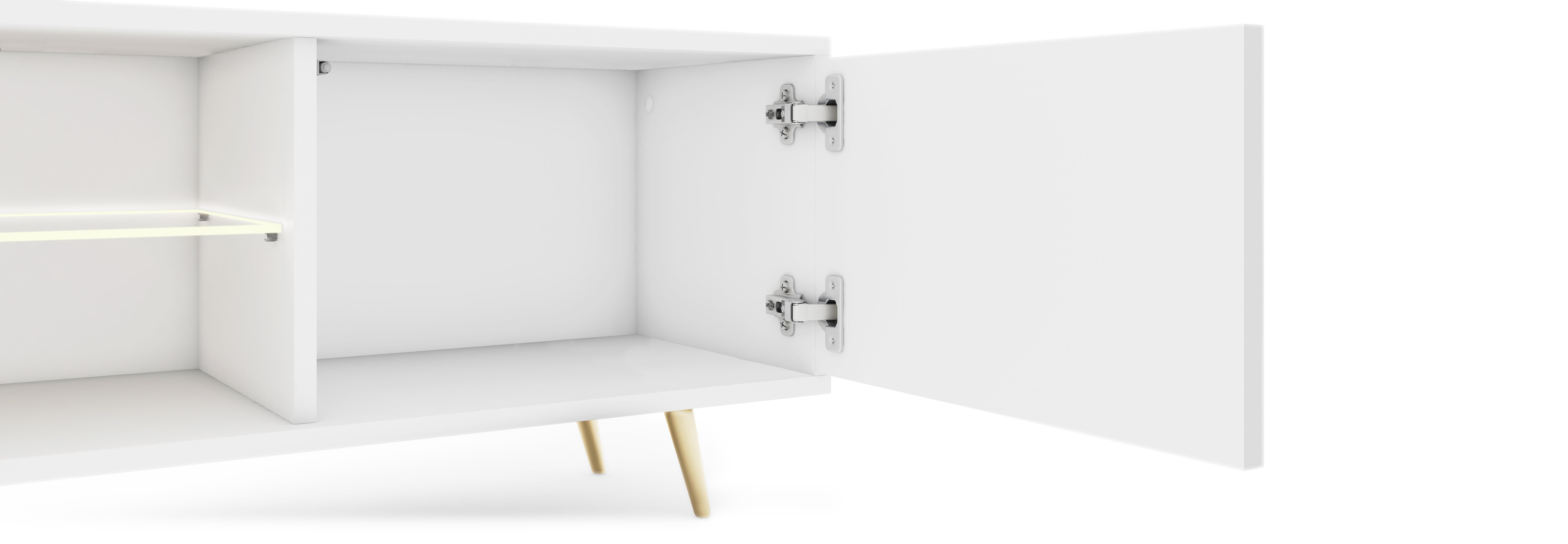 TV-Schrank Bello mit Lamellenfronten, 175 cm, weiß mit LED und goldenen Beinen