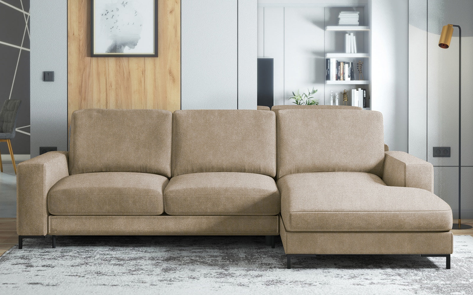 Ecksofa mit Schlaffunktion Mokpeo, L-förmig, mit zwei Stauraumfächern auf schwarzen Füßen, beige, aus pflegeleichtem Stoff, rechtsseitig