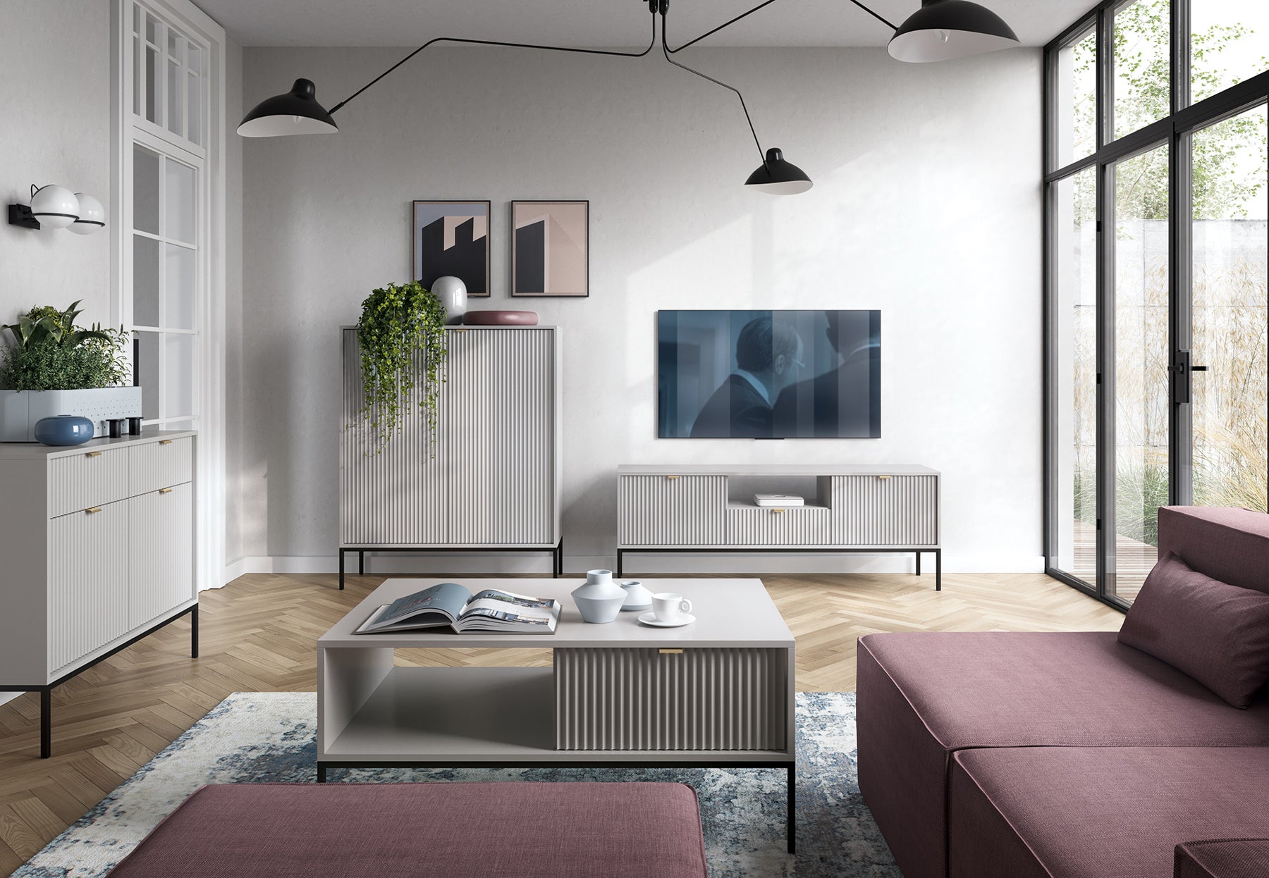 TV-Schrank Vellore 154 cm grau mit geriffelten Fronten und goldenen Griffen
