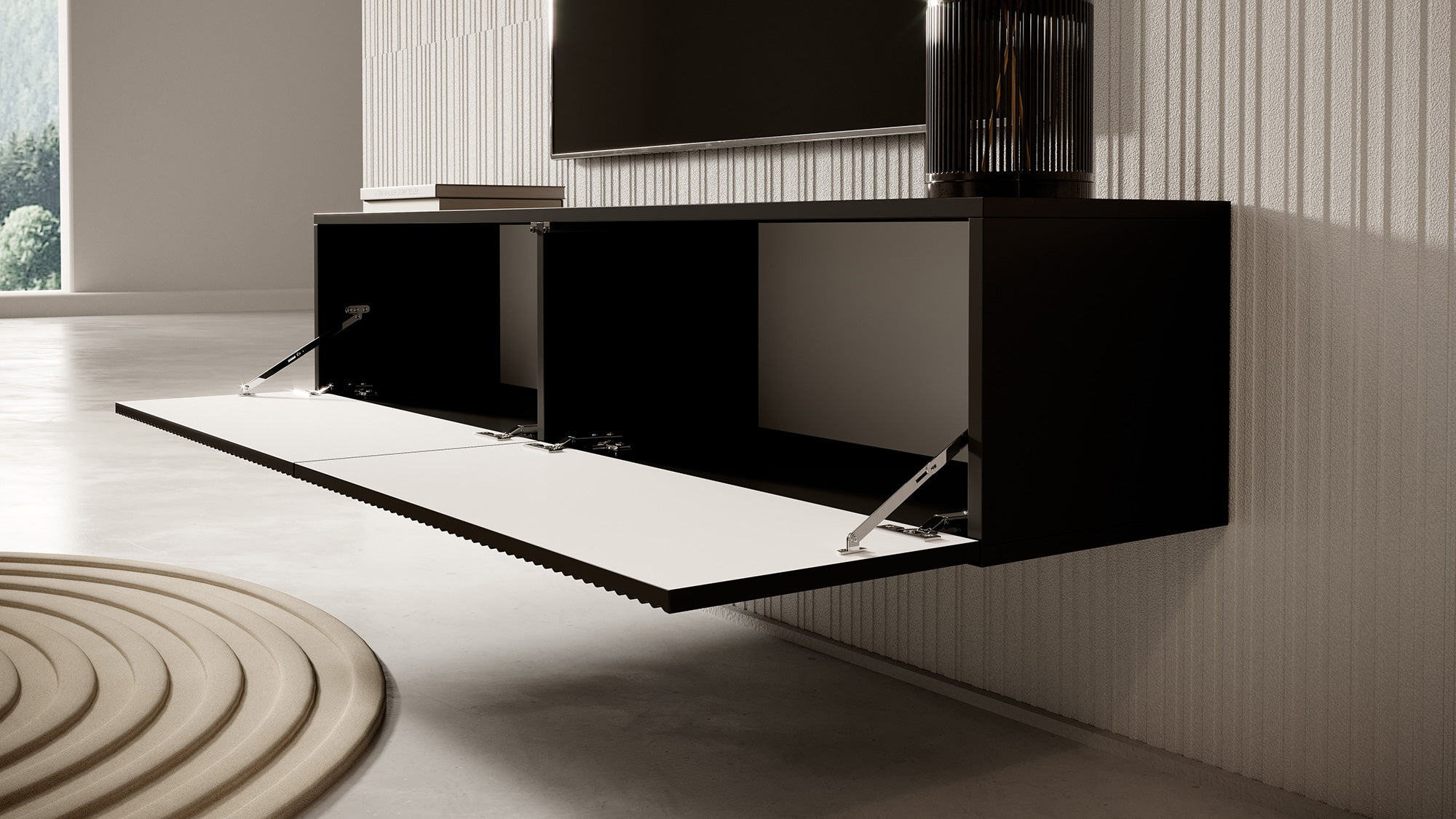Schwarzer, hängender Veldio TV-Schrank mit gefräster Front, 140 cm