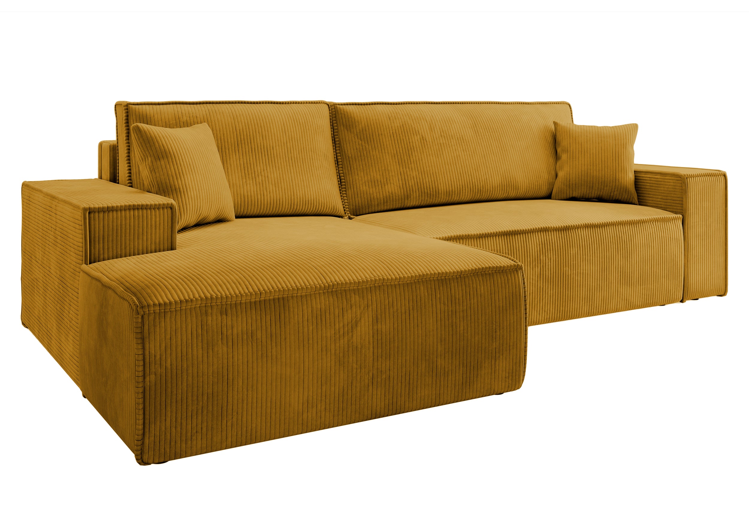 Ecksofa mit Schlaffunktion Farese New, L-förmig, mit Stauraum, senfgelb, Cordstoff, linksseitig